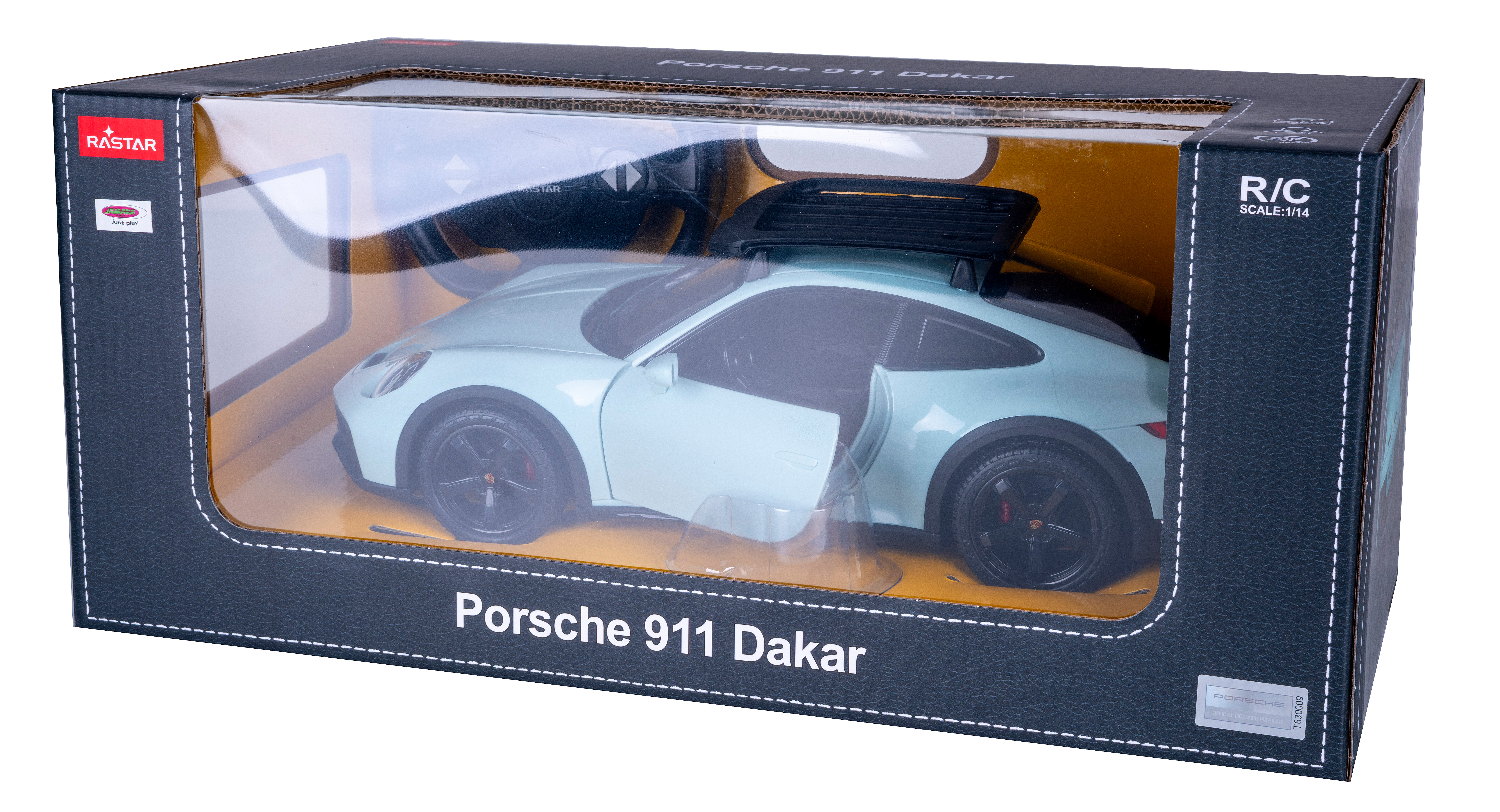 Ein hellblaues Porsche 911 Dakar Spielzeugauto in einer Box, mit geöffneter Tür.