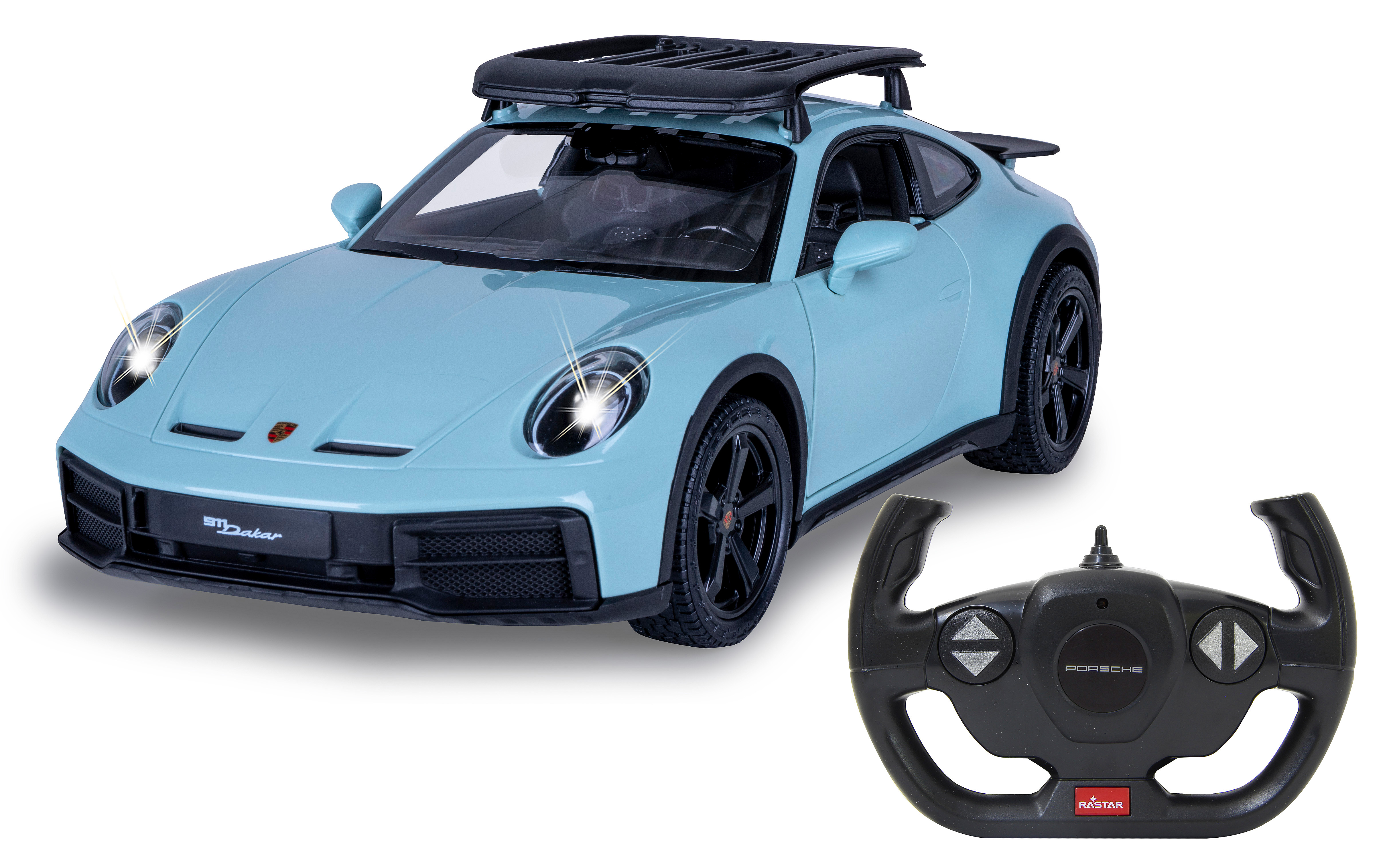 Ein hellblaues Spielzeugauto mit Dachgepäckträger, schwarzen Rädern, Scheinwerfern und Controller.