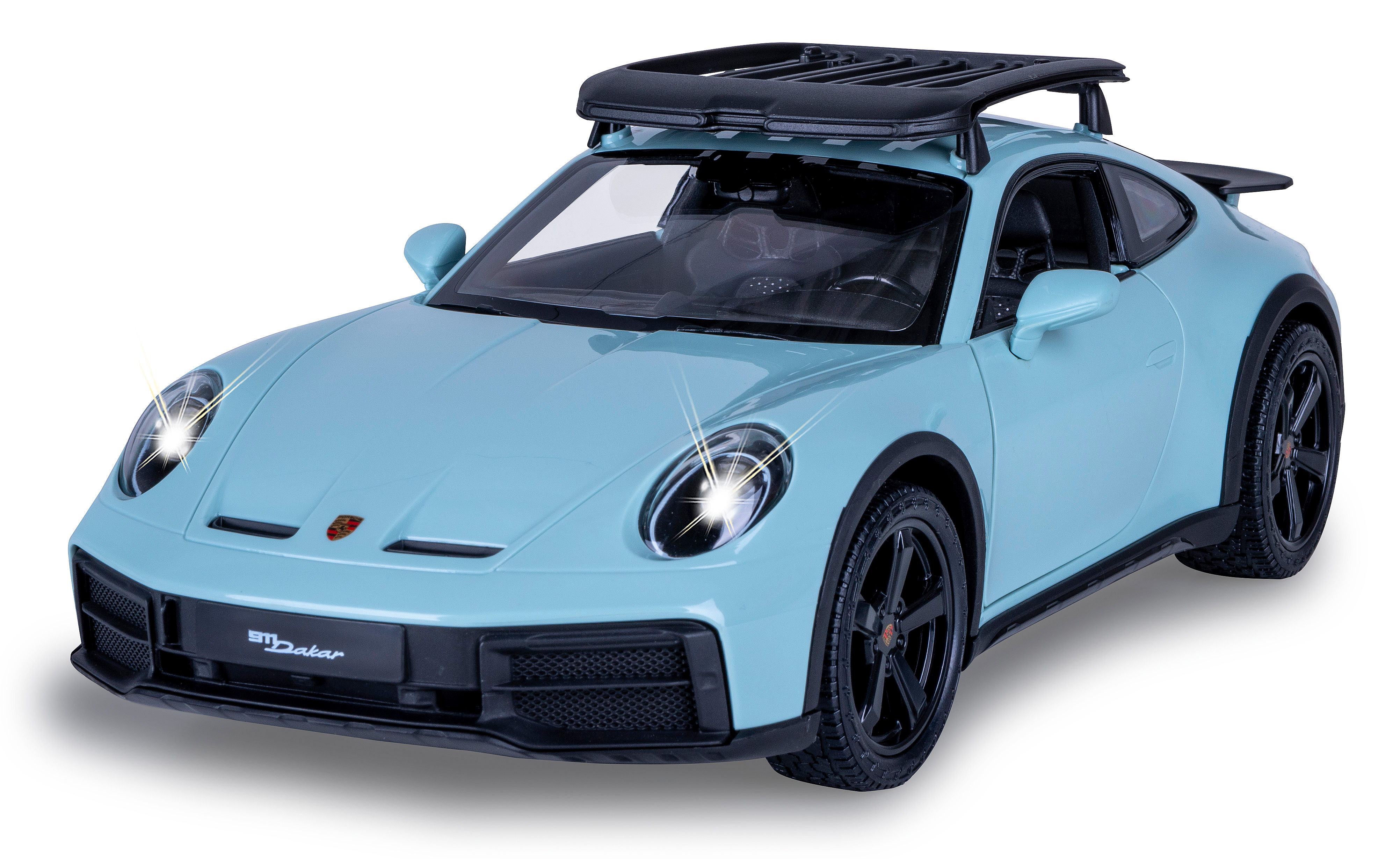 Ein hellblaues Spielzeugauto mit schwarzem Dachgepäckträger. Das Auto steht auf weißem Hintergrund.
