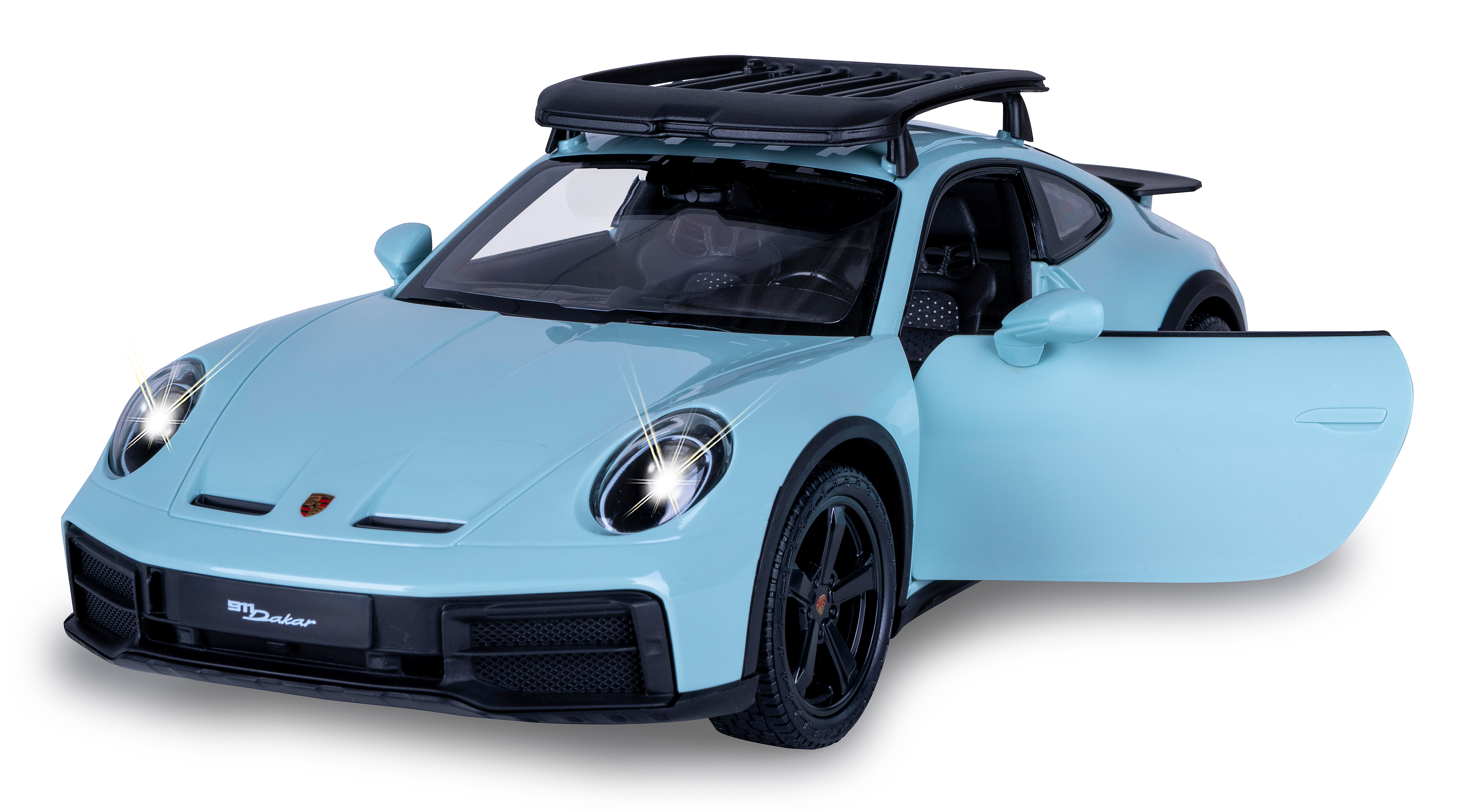 Ein hellblaues Spielzeugauto mit offener Tür, Dachgepäckträger, schwarzen Rädern und Lichtern.