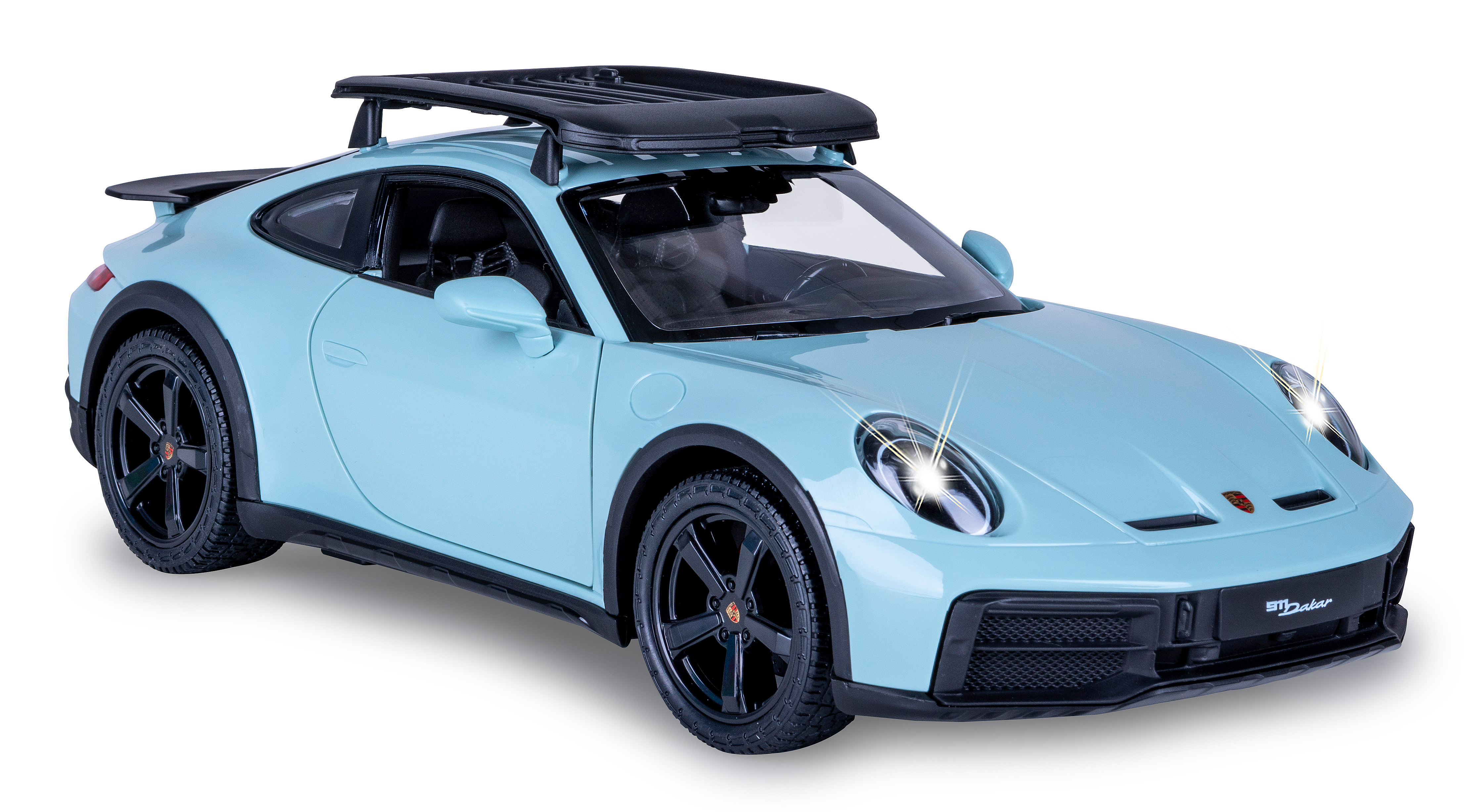 Ein hellblaues Spielzeugauto mit Dachgepäckträger, schwarzen Rädern und eingeschalteten Scheinwerfern.