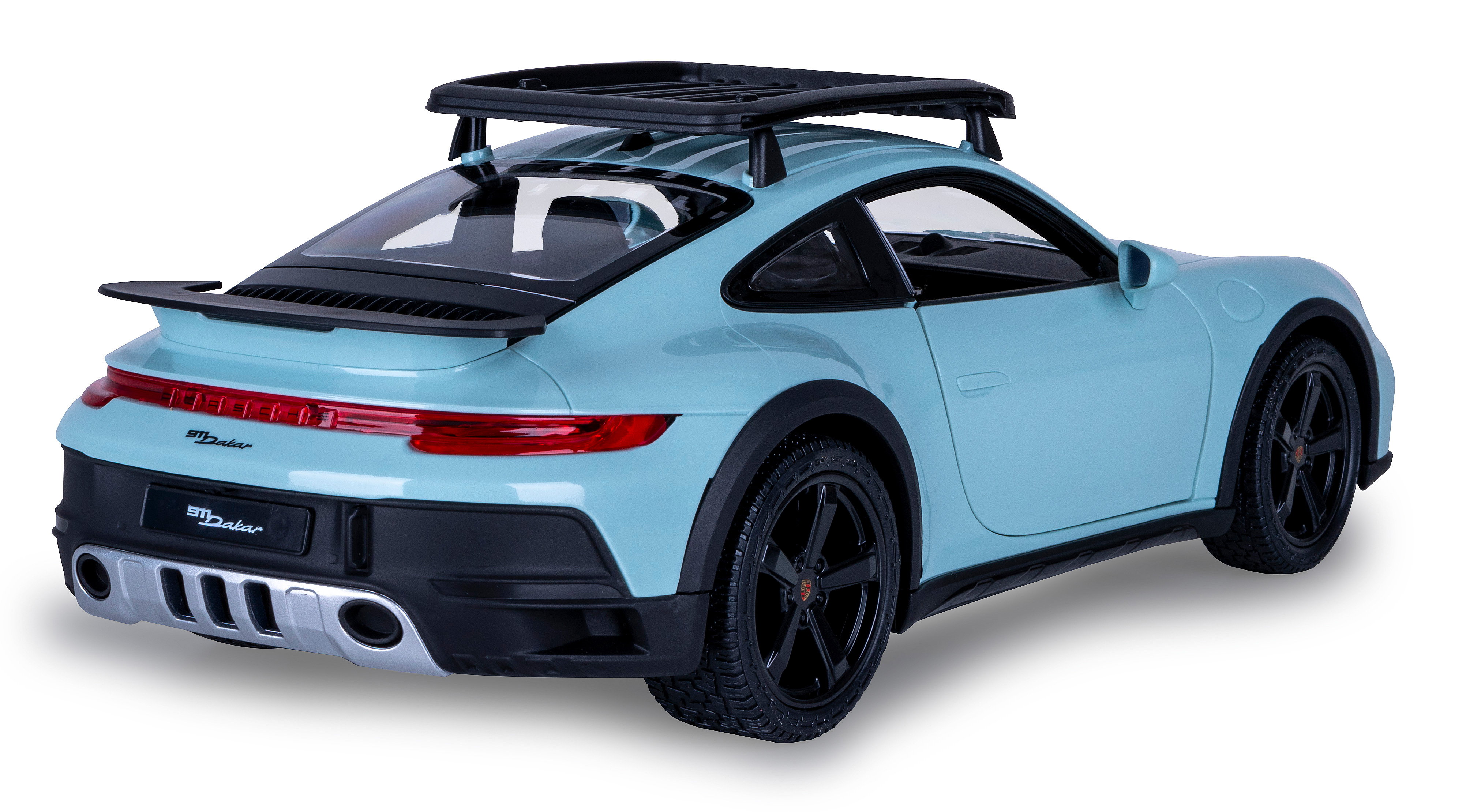 Ein hellblaues Spielzeugauto mit Dachgepäckträger, schwarzen Rädern und einem schwarzen Spoiler.