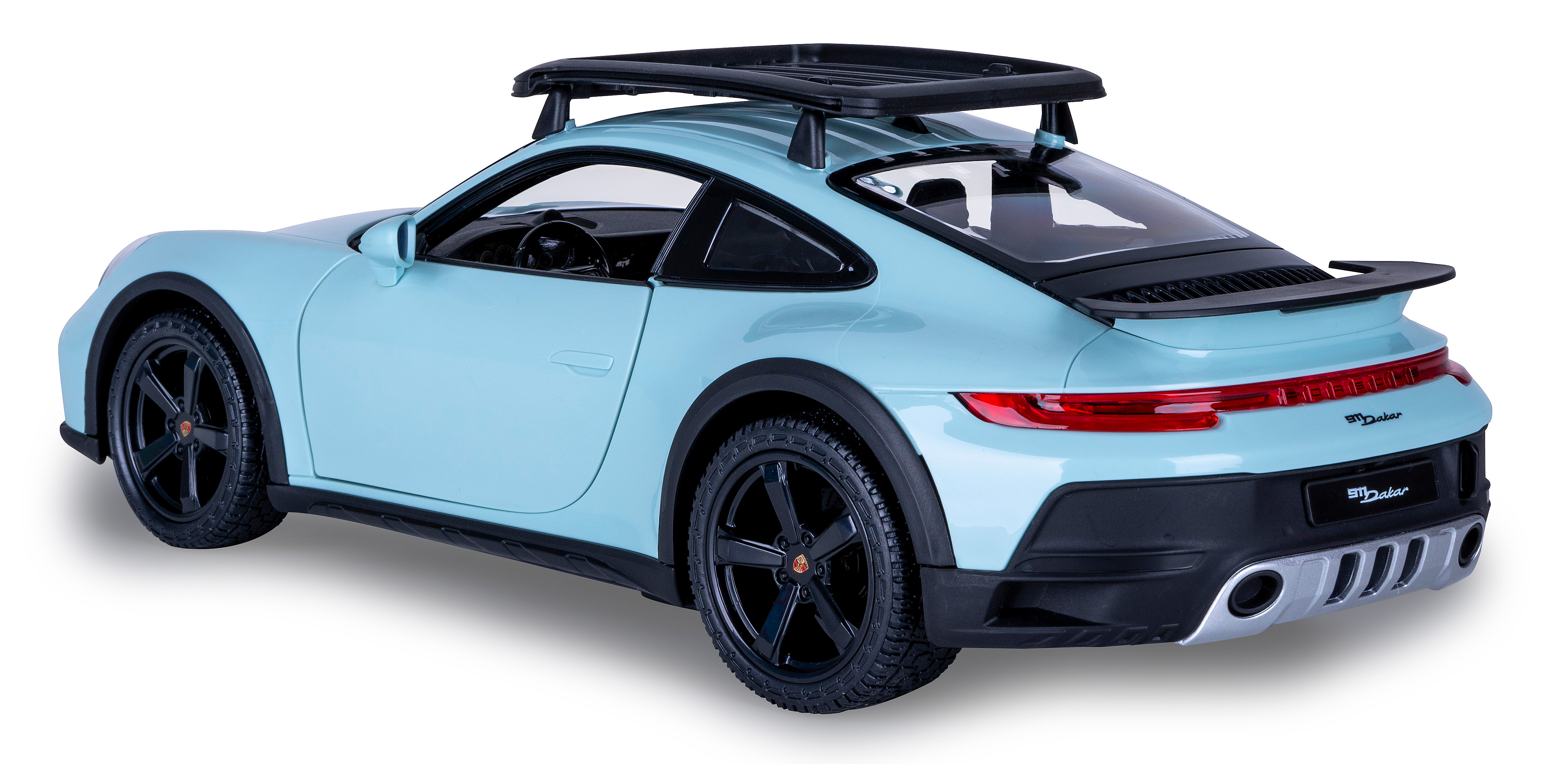 Ein hellblaues Spielzeugauto mit Dachgepäckträger, schwarzen Rädern und einem schwarzen Spoiler.