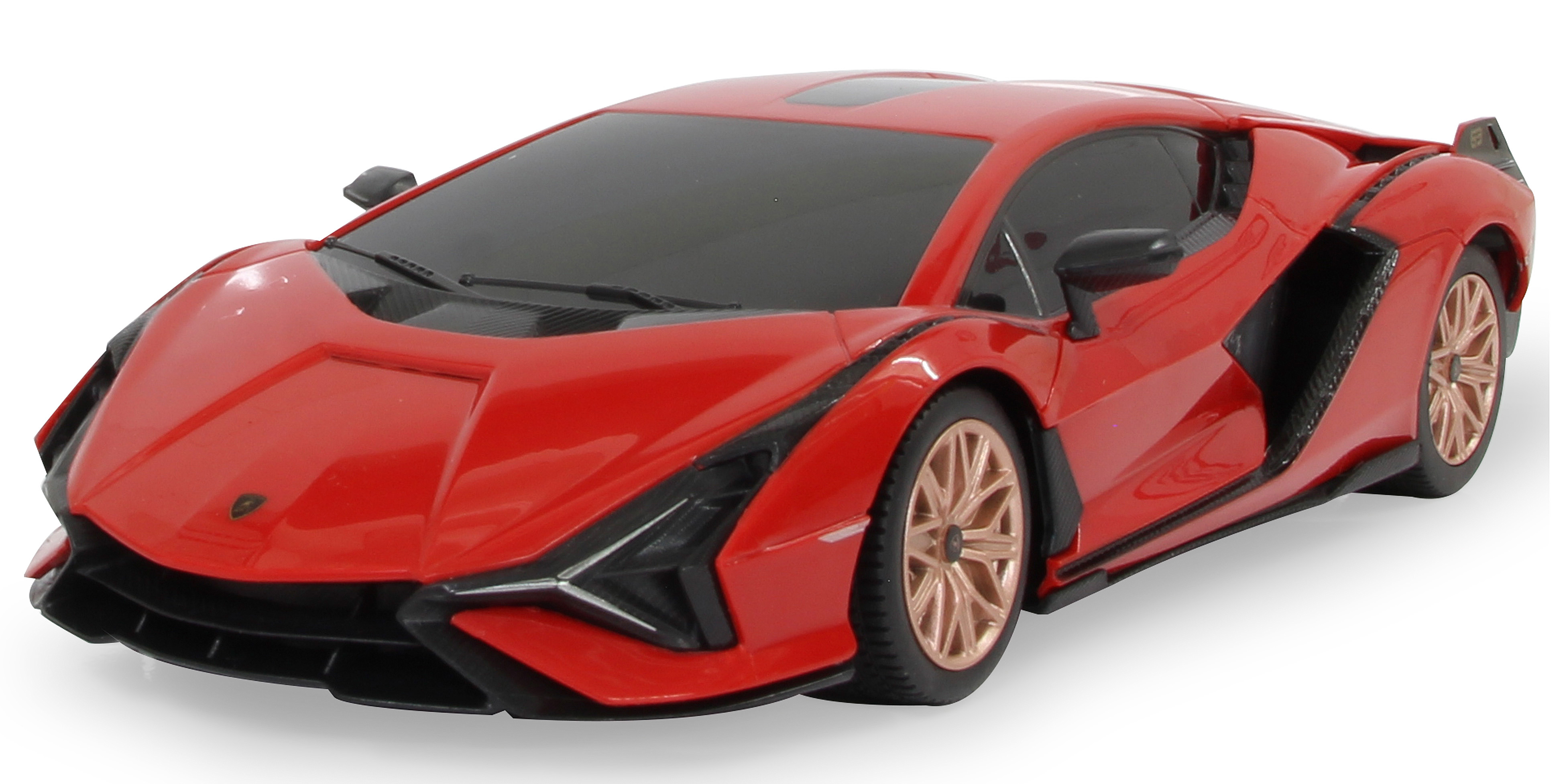 Ein rotes Lamborghini-Spielzeugauto. Es hat goldene Räder und schwarze Details. Das Auto hat ein schlankes Design.