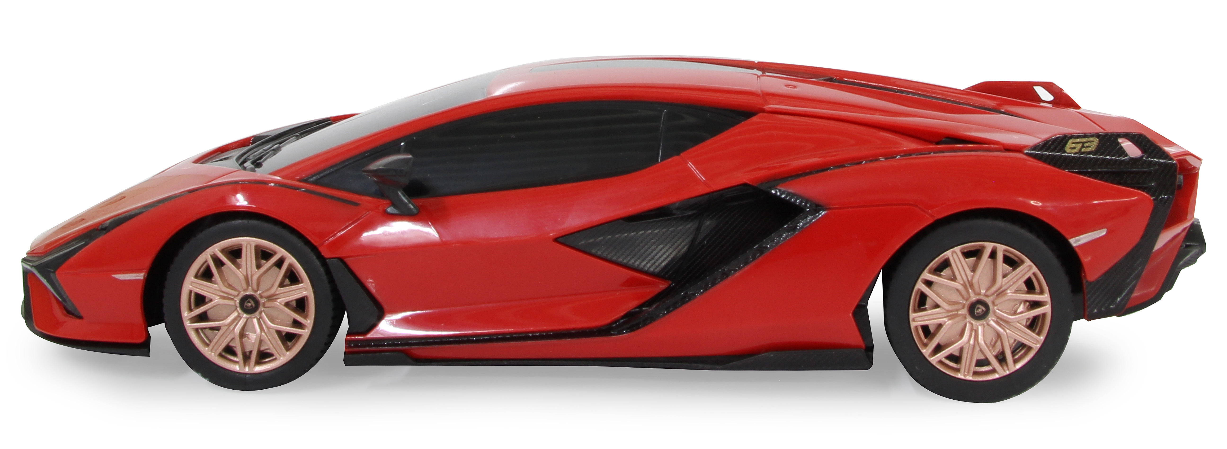 Rotes Lamborghini-Spielzeugauto. Das Auto hat goldene Felgen und schwarze Details. Es hat ein schlankes, flaches Design.