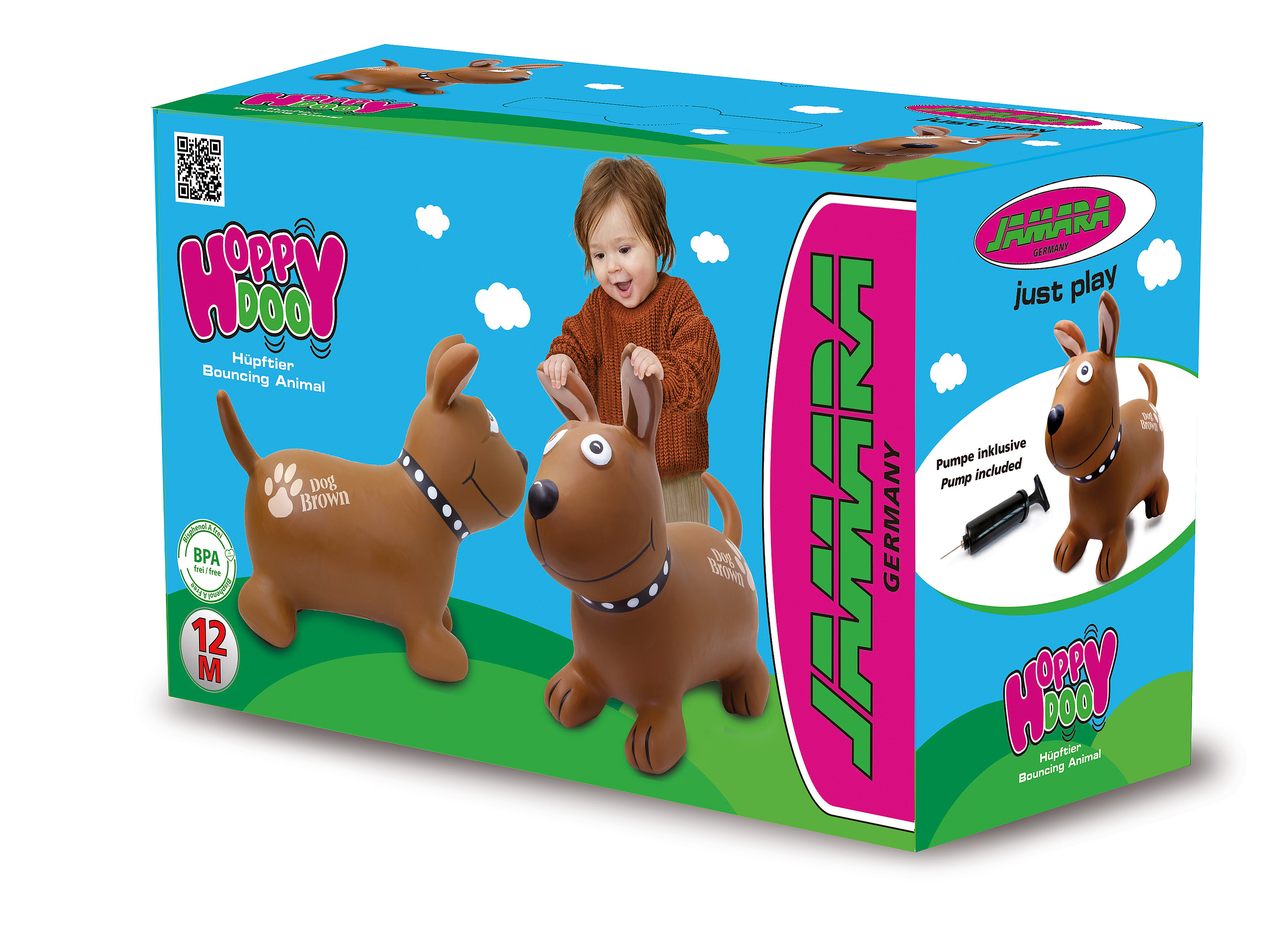 Box mit zwei braunen Hundespielzeugen. Ein Kind hält die Spielzeuge. Die Box hat den Text 'Hoppy Doo' und 'Jamara'.