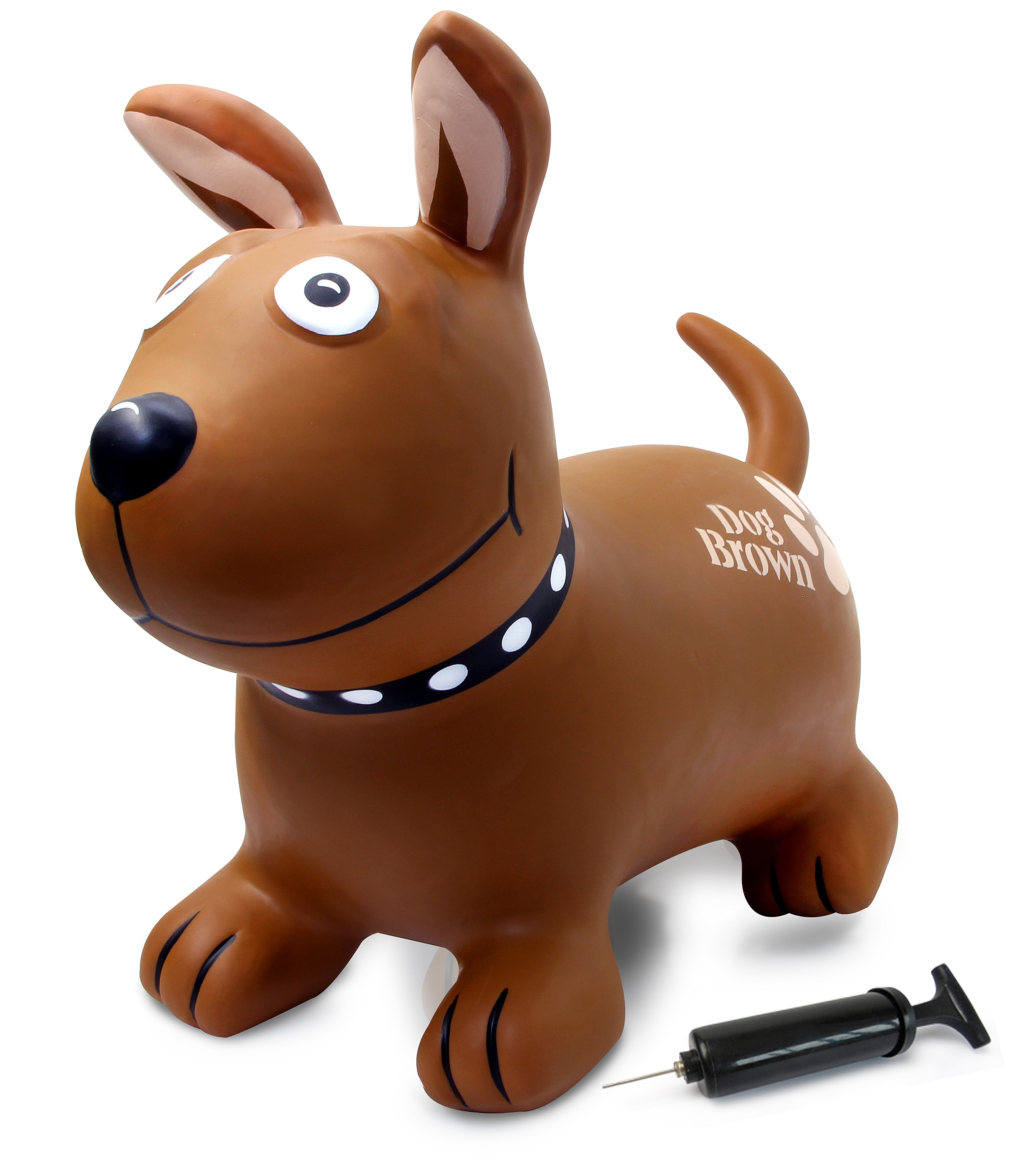 Ein braunes aufblasbares Hundespielzeug mit einem schwarz-weißen Halsband und einer Pumpe auf weißem Hintergrund.