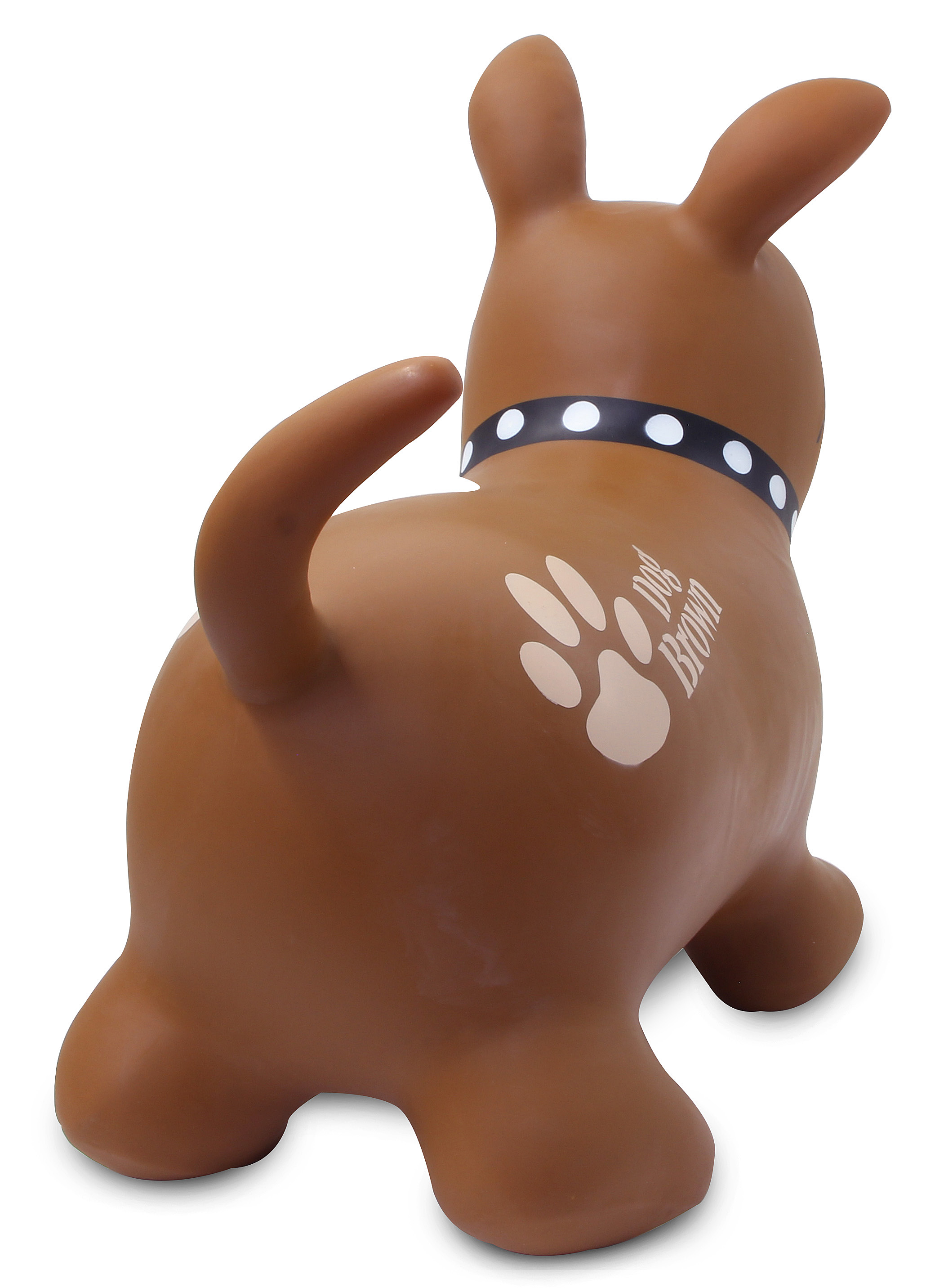 Rückansicht eines braunen, aufgeblasenen Hundespielzeugs mit schwarzem Halsband und dem Text 'dog brown'. Es hat Pfotenabdrücke.