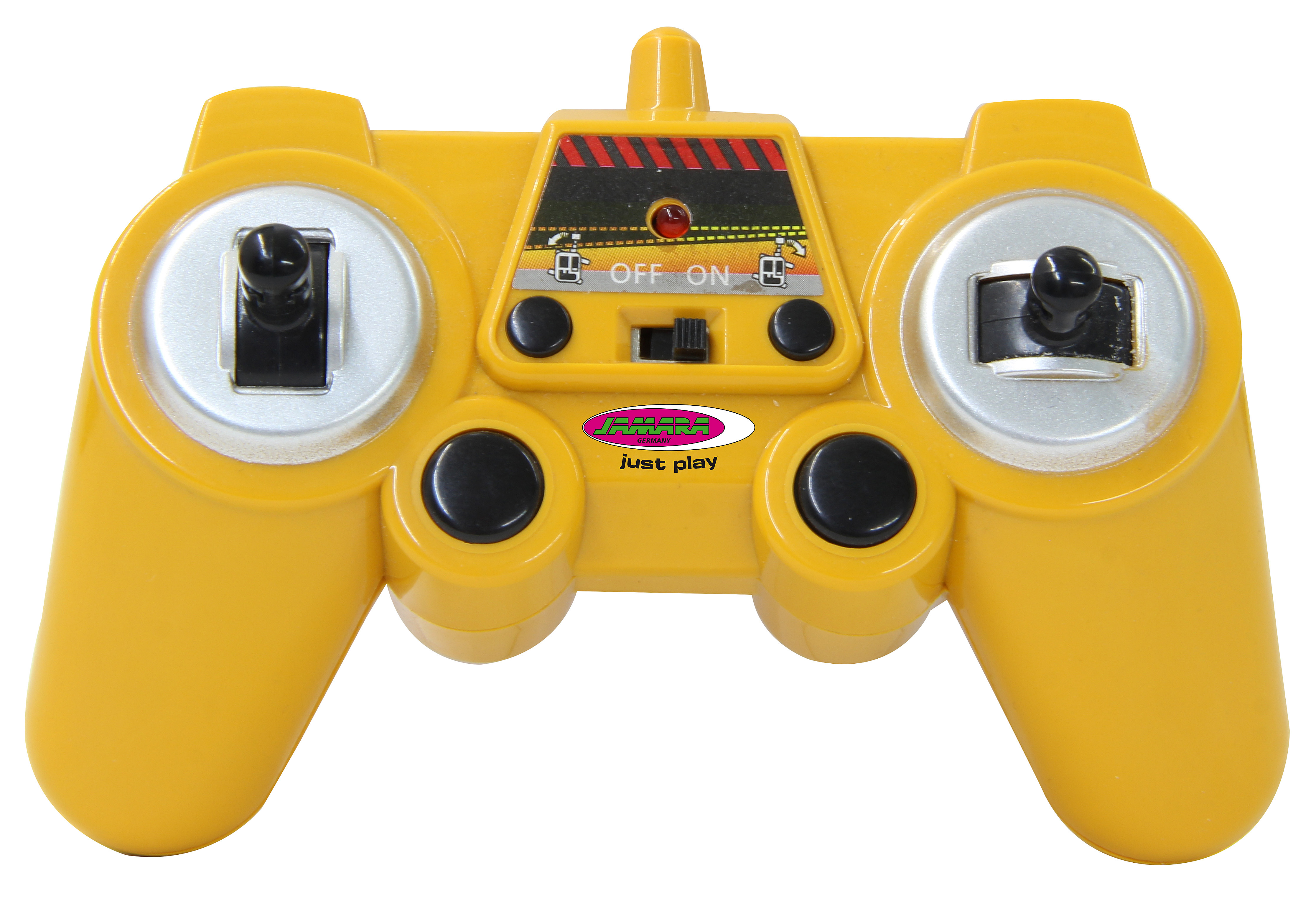 Gelbe Spielzeugfernbedienung mit Knöpfen. Sie hat zwei Joysticks, einen Ein-/Ausschalter und das Markenlogo.