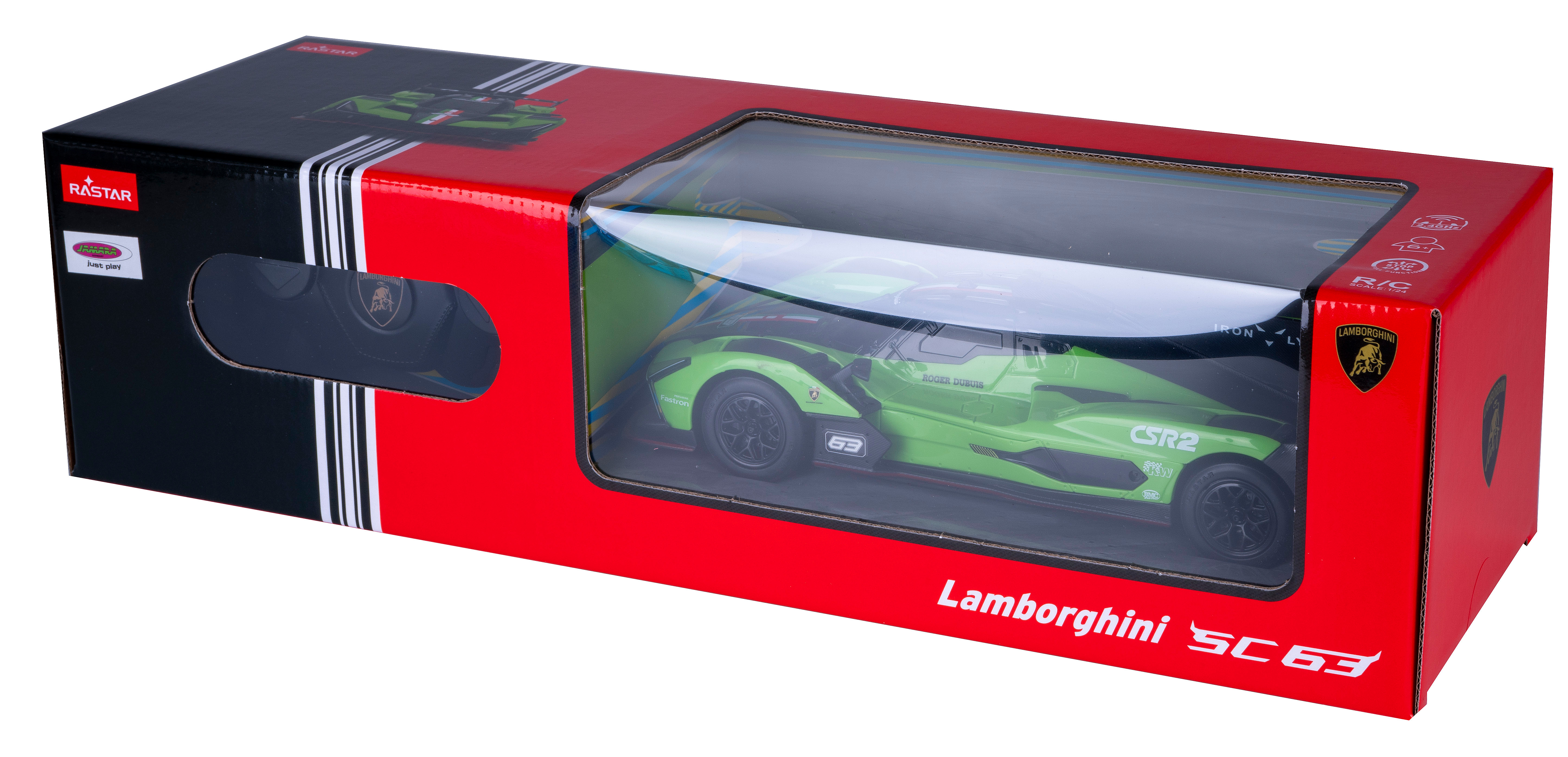 Grünes Lamborghini-Spielzeugauto in einer Box. Es hat schwarze und rote Details. Die Box hat ein Fenster.
