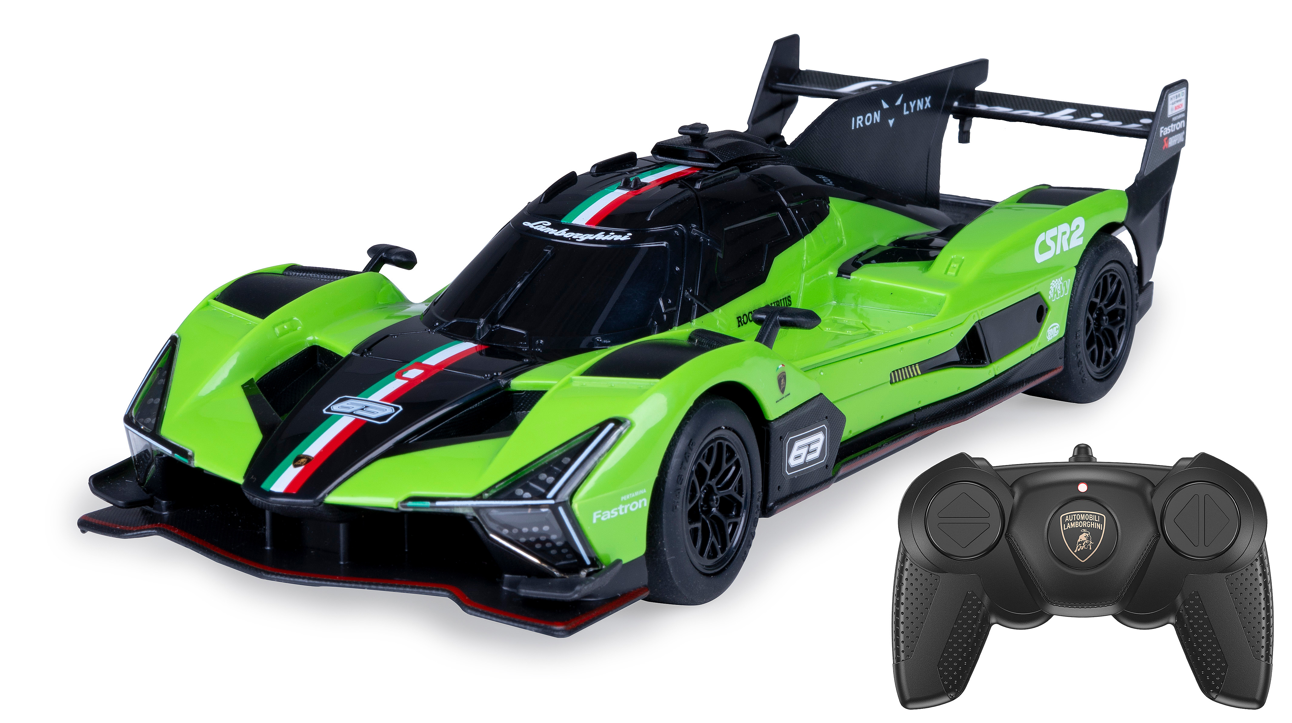 Grünes und schwarzes Rennwagenmodell mit Fernbedienung. Das Auto hat das CSR2-Logo.