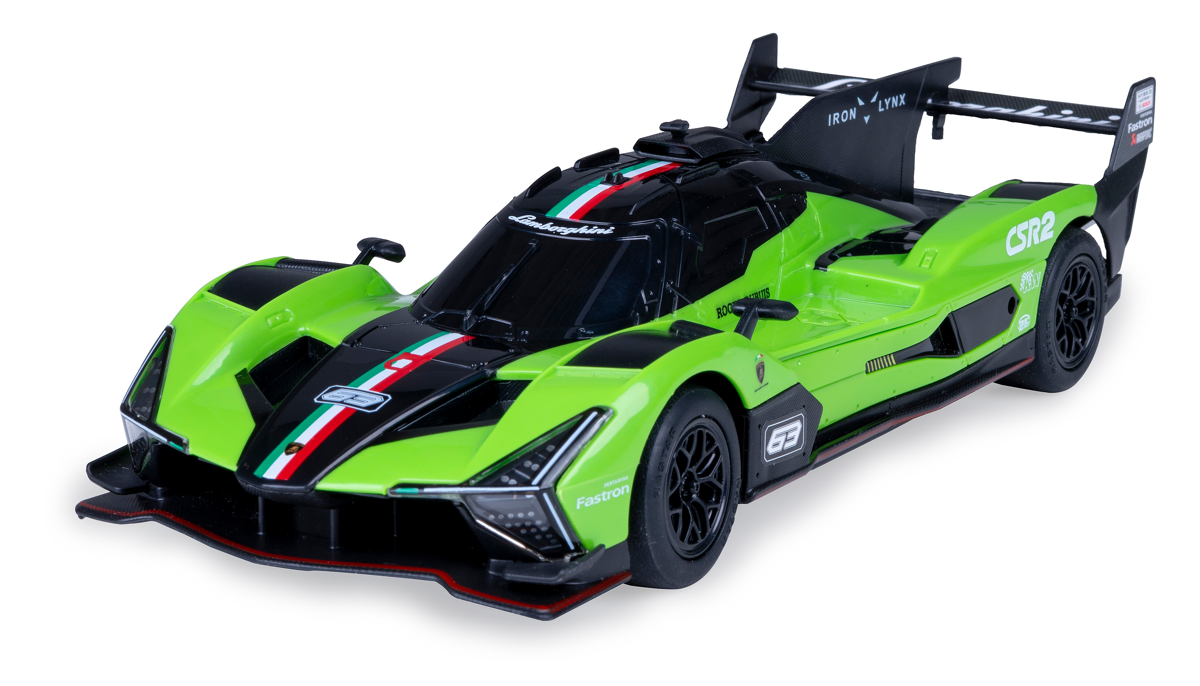 Grünes Lamborghini-Spielzeugauto mit schwarzen Details, Rennstreifen und der Nummer 63. Es hat einen Spoiler.