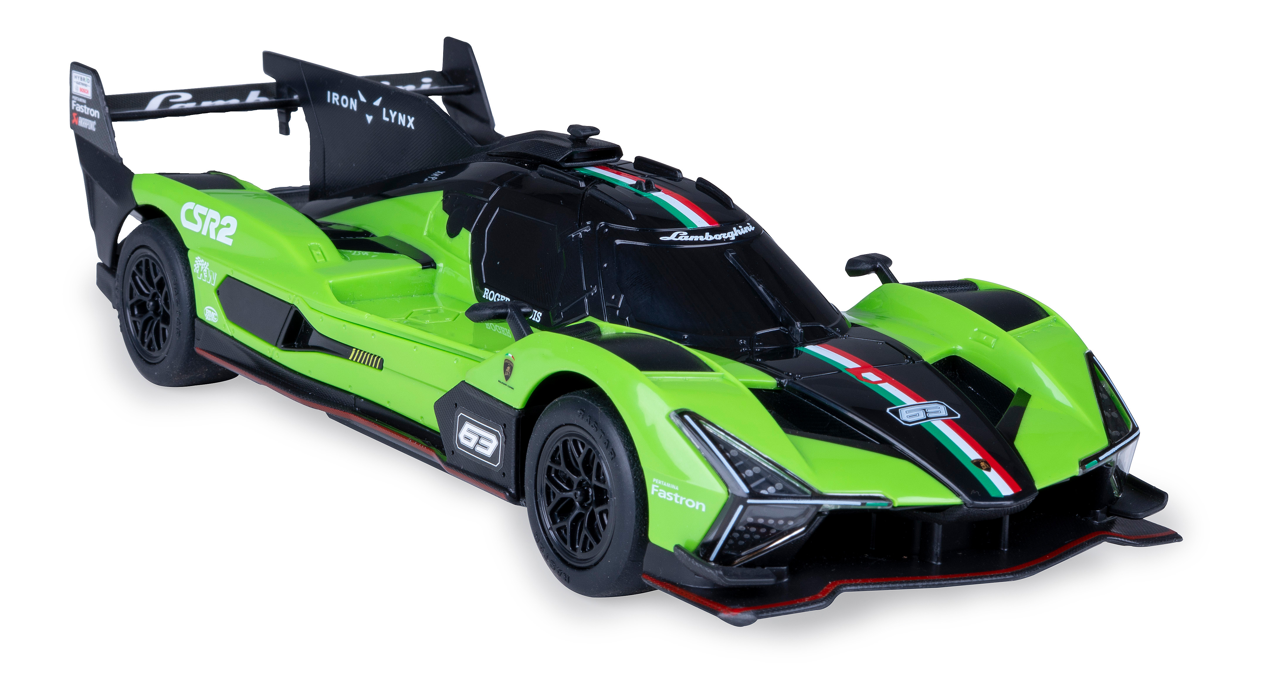 Grünes und schwarzes Rennwagenmodell mit Lamborghini-Logo. Das Auto steht auf weißem Untergrund.