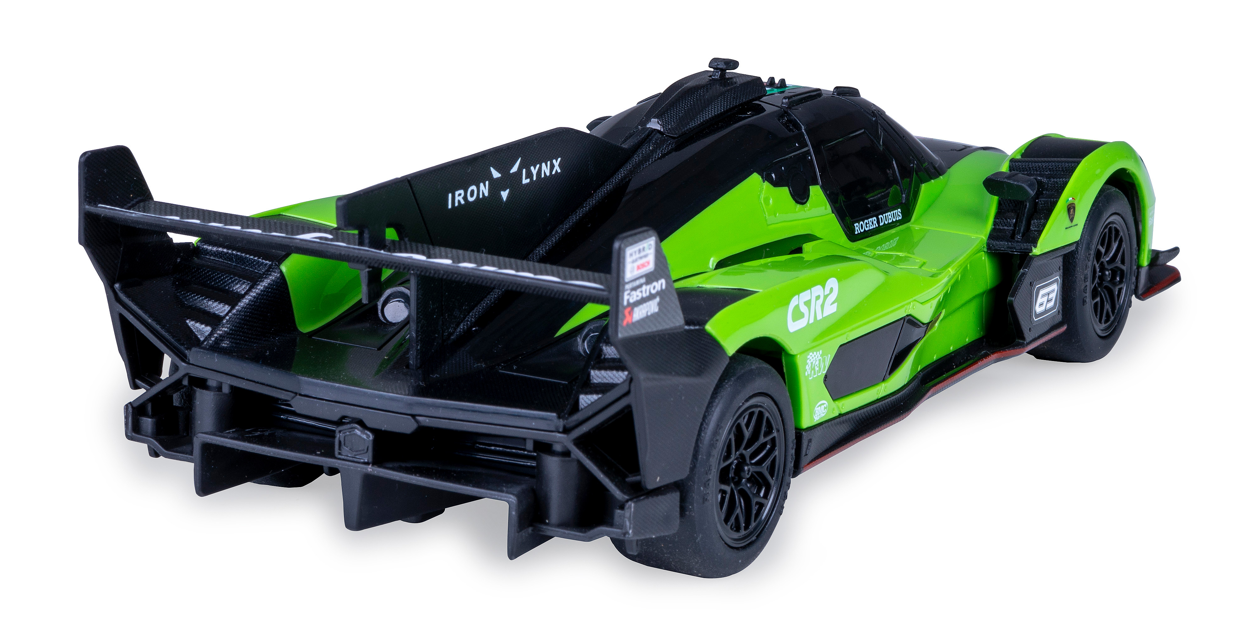 Grünes und schwarzes Rennwagenmodell, Rückansicht, mit Spoiler und Iron Lynx-Logo.