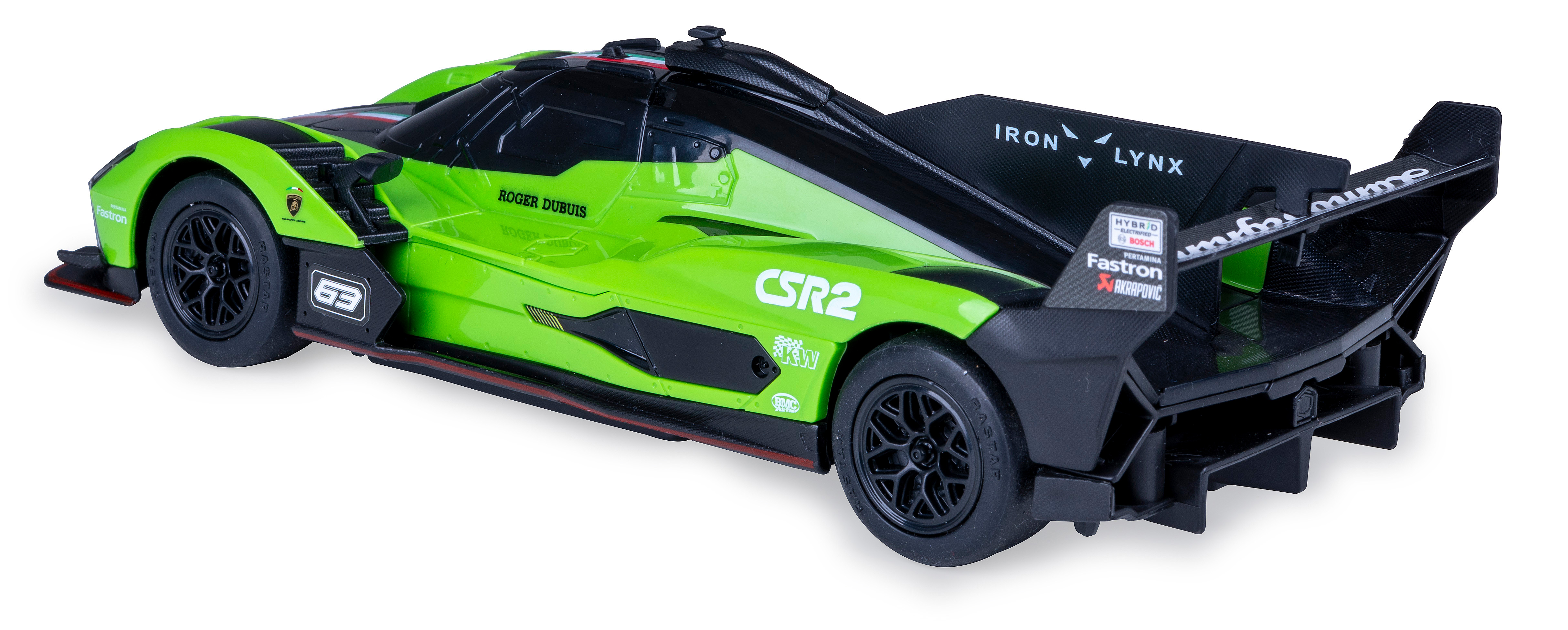 Grünes und schwarzes Rennwagenmodell, Seitenansicht mit CSR2-Logo. Das Auto steht auf weißem Untergrund.