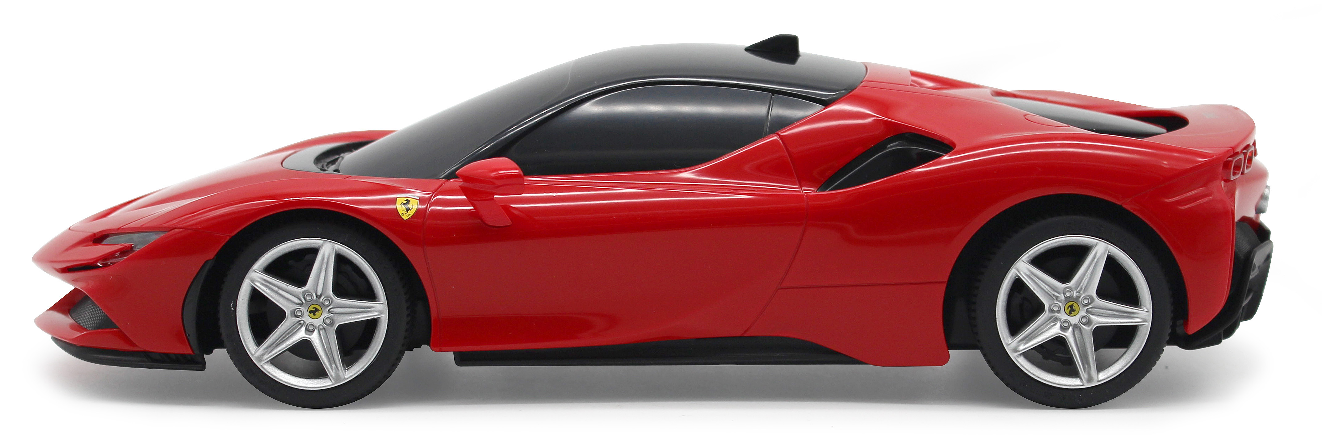 Rotes Sportwagenmodell, Seitenansicht. Das Auto hat ein schwarzes Dach und silberne Räder.