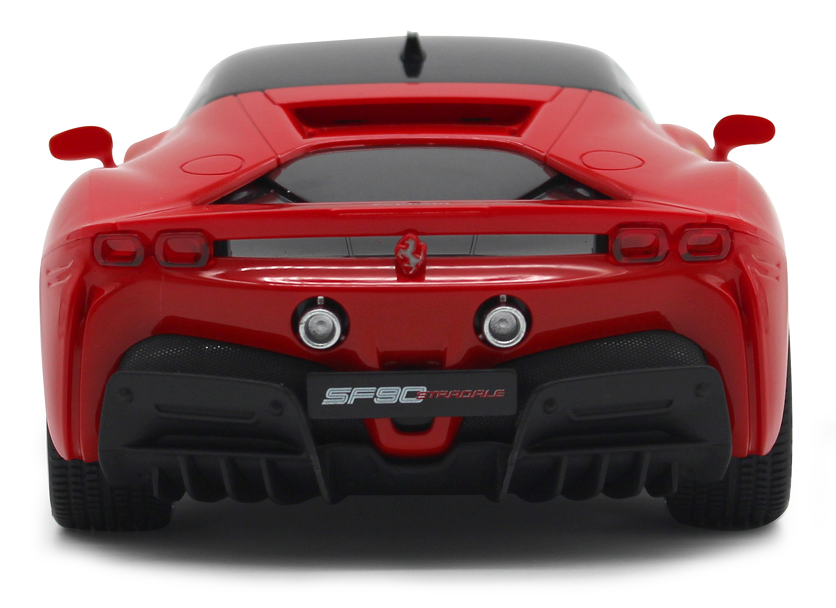 Rotes Spielzeugauto, Rückansicht. Das Auto hat zwei Auspuffrohre und einen schwarzen Heckdiffusor mit 'SF9C PROfile'.
