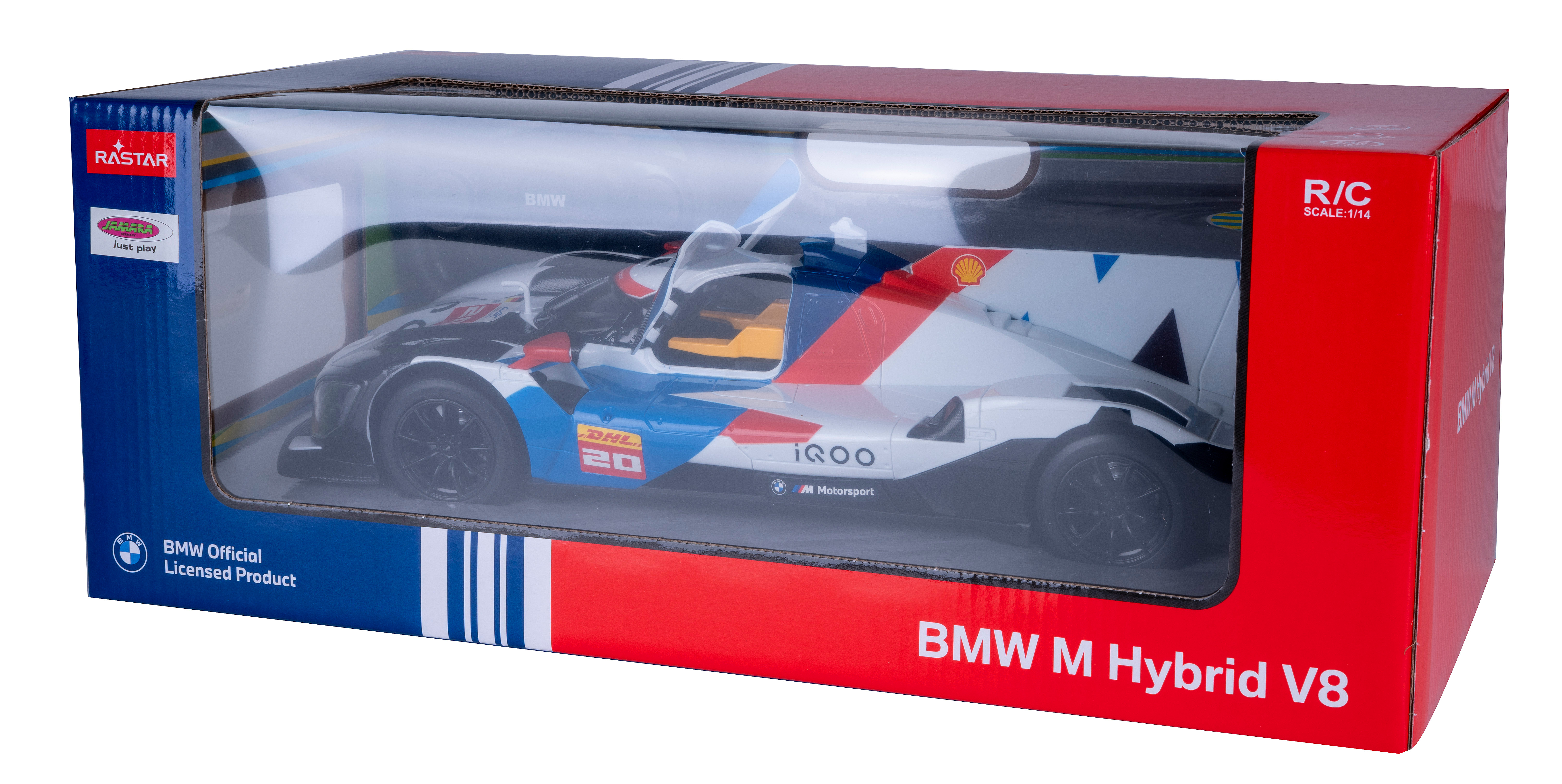 Ein verpacktes BMW M Hybrid V8 Spielzeugauto mit einer weißen, blauen und roten Lackierung, sichtbar in seiner Verpackung.