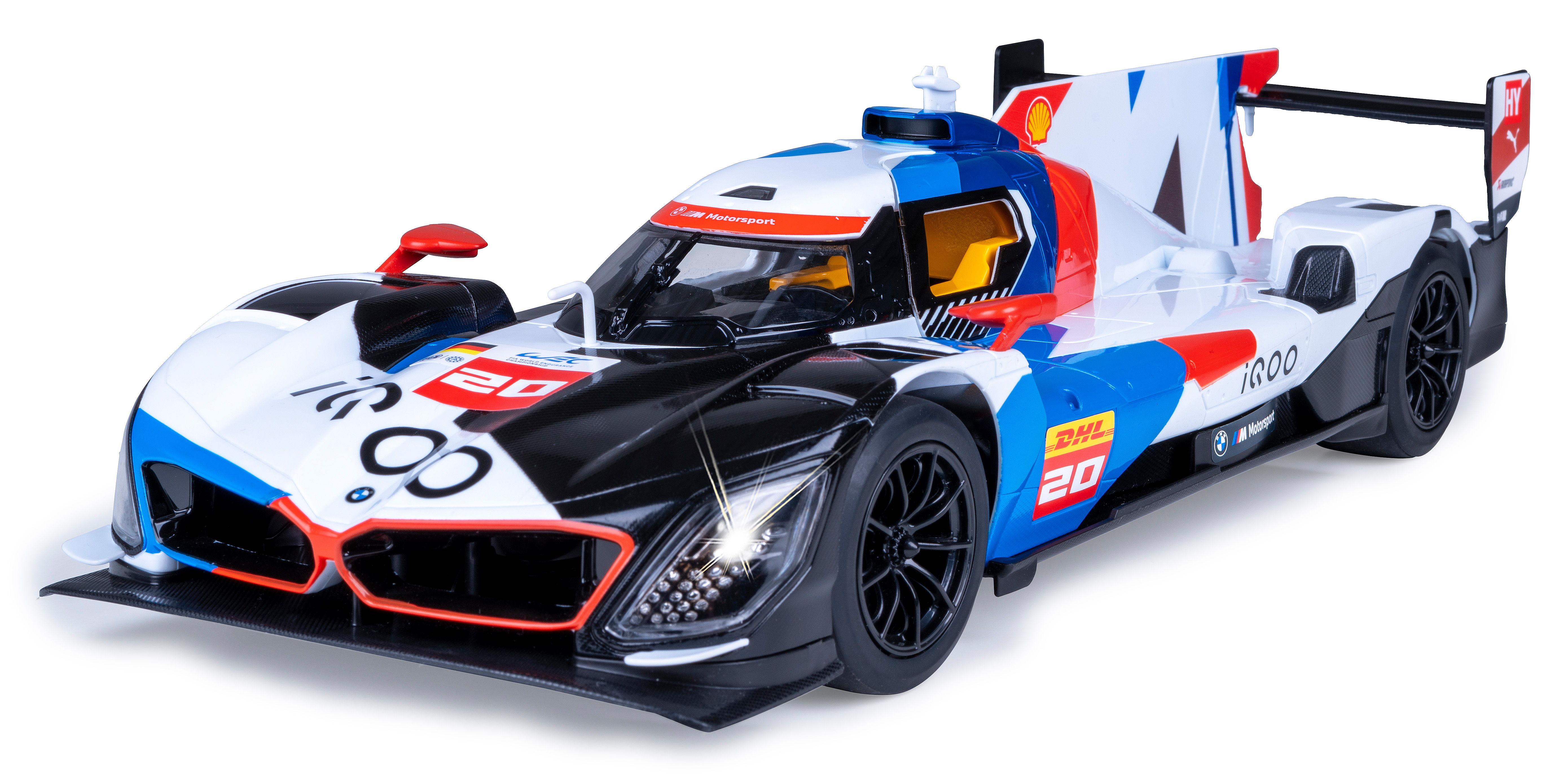 Ein BMW M Hybrid V8 Spielzeugauto mit filigranen Details, das sein aerodynamisches Design und seine Rennlackierung auf weißem Hintergrund präsentiert.
