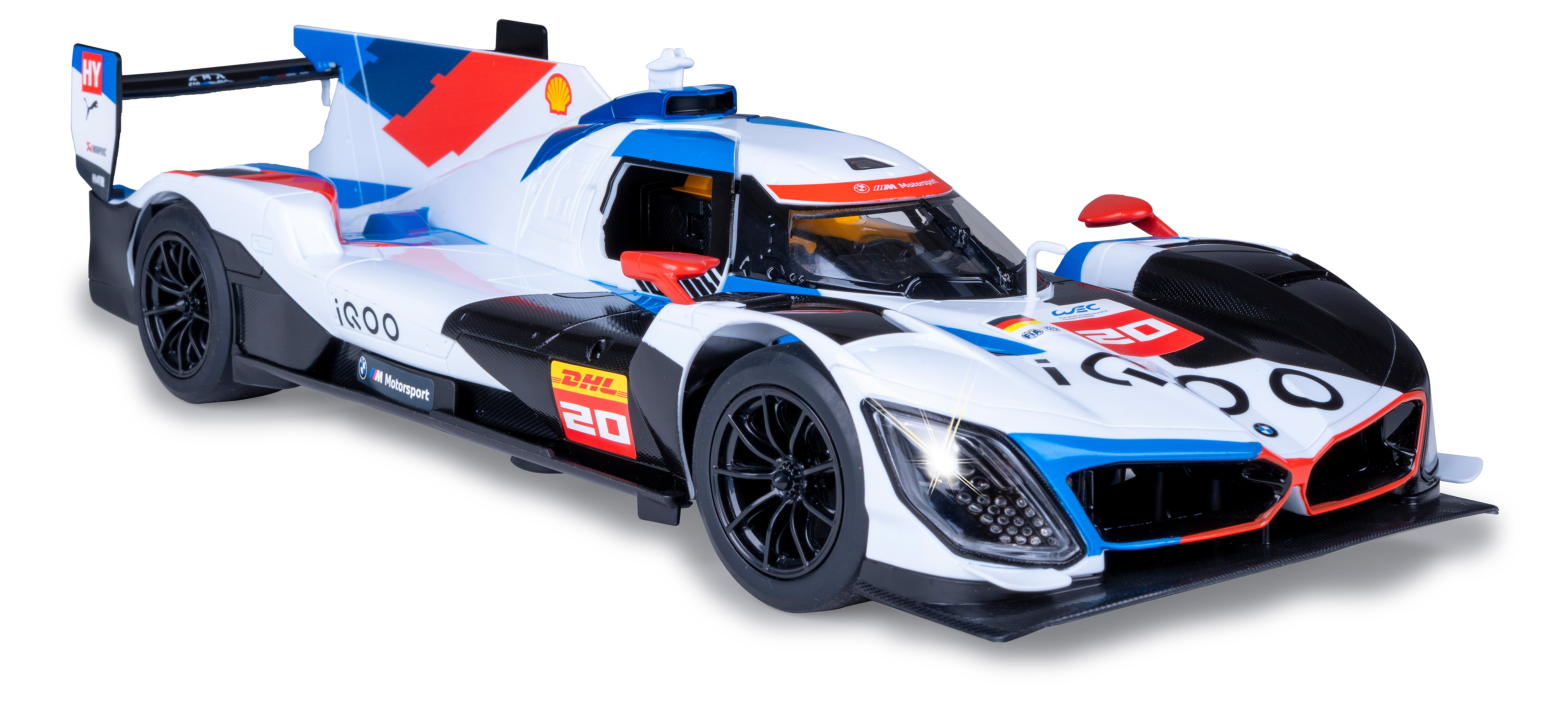 Weißes, blaues und schwarzes Rennwagenmodell. Das Auto hat das iQOO-Logo an der Seite.