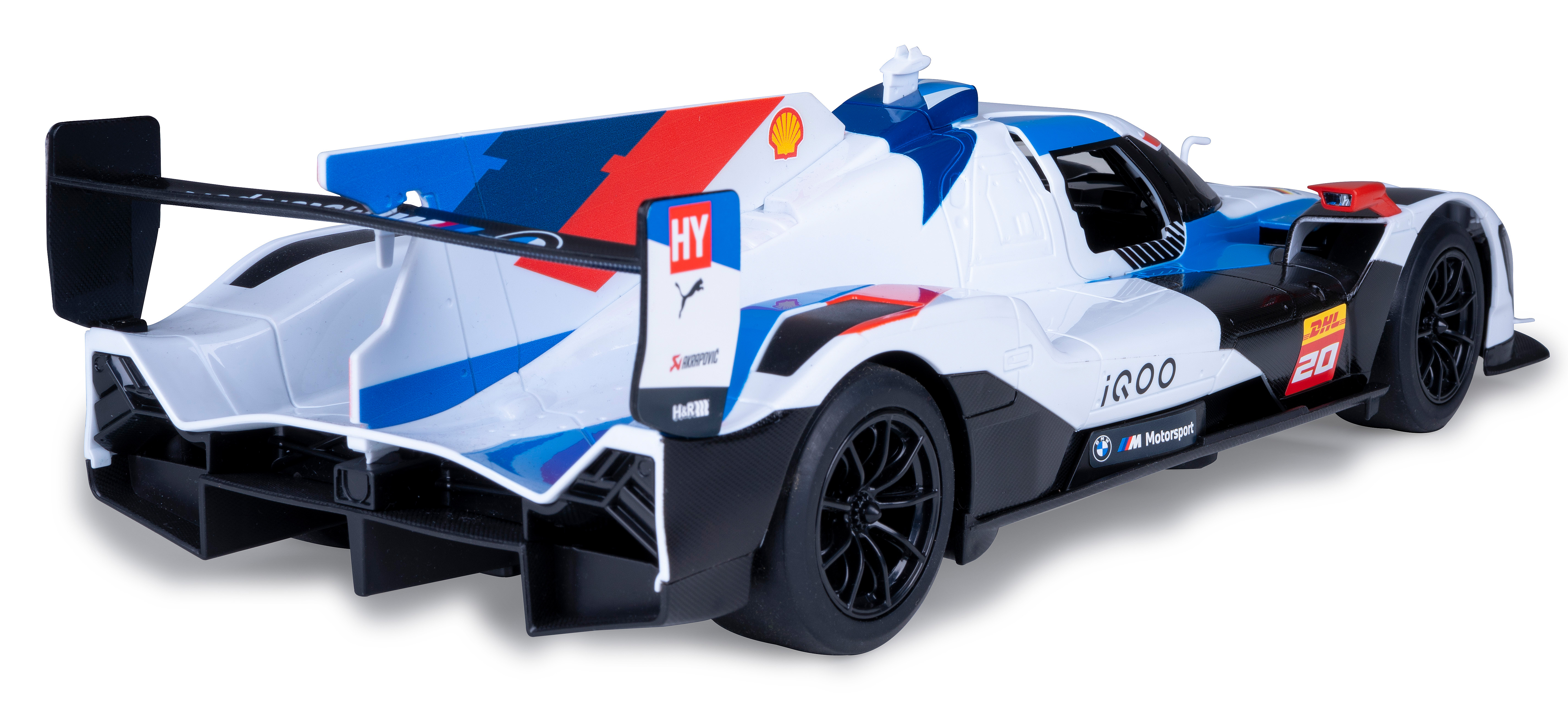 Weißes, blaues und schwarzes Rennwagenmodell mit BMW-Logo. Das Auto steht auf weißem Untergrund.