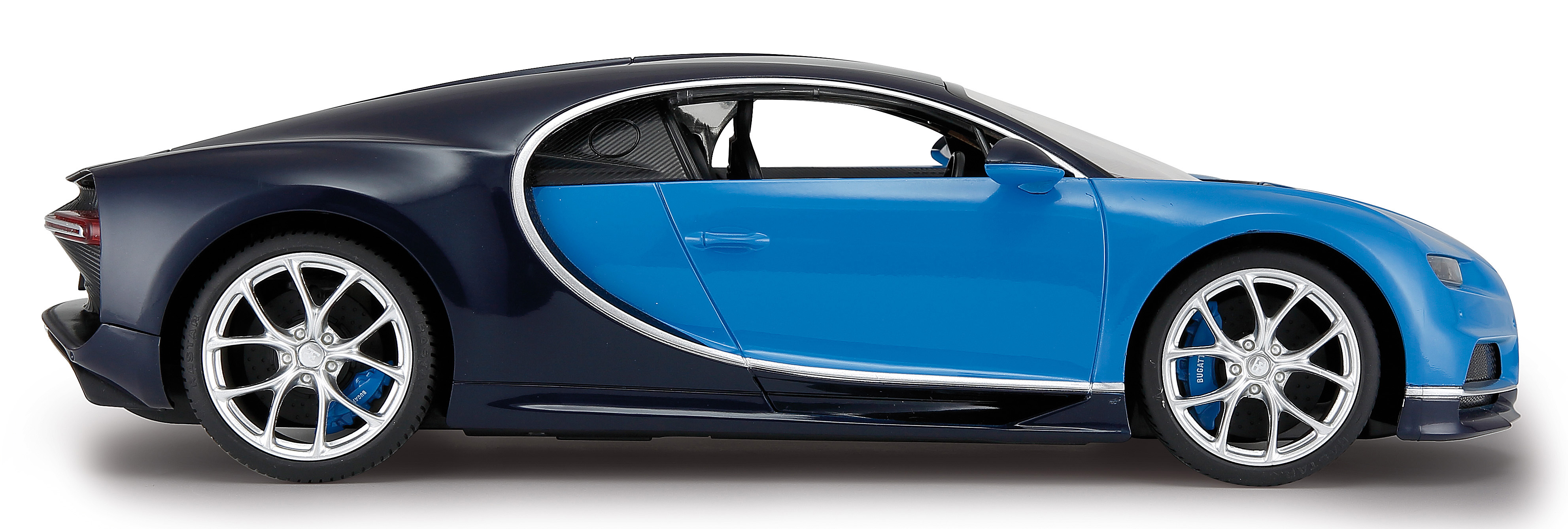 Ein blau-schwarzes Bugatti Chiron-Spielzeugauto auf weißem Grund, Seitenansicht.