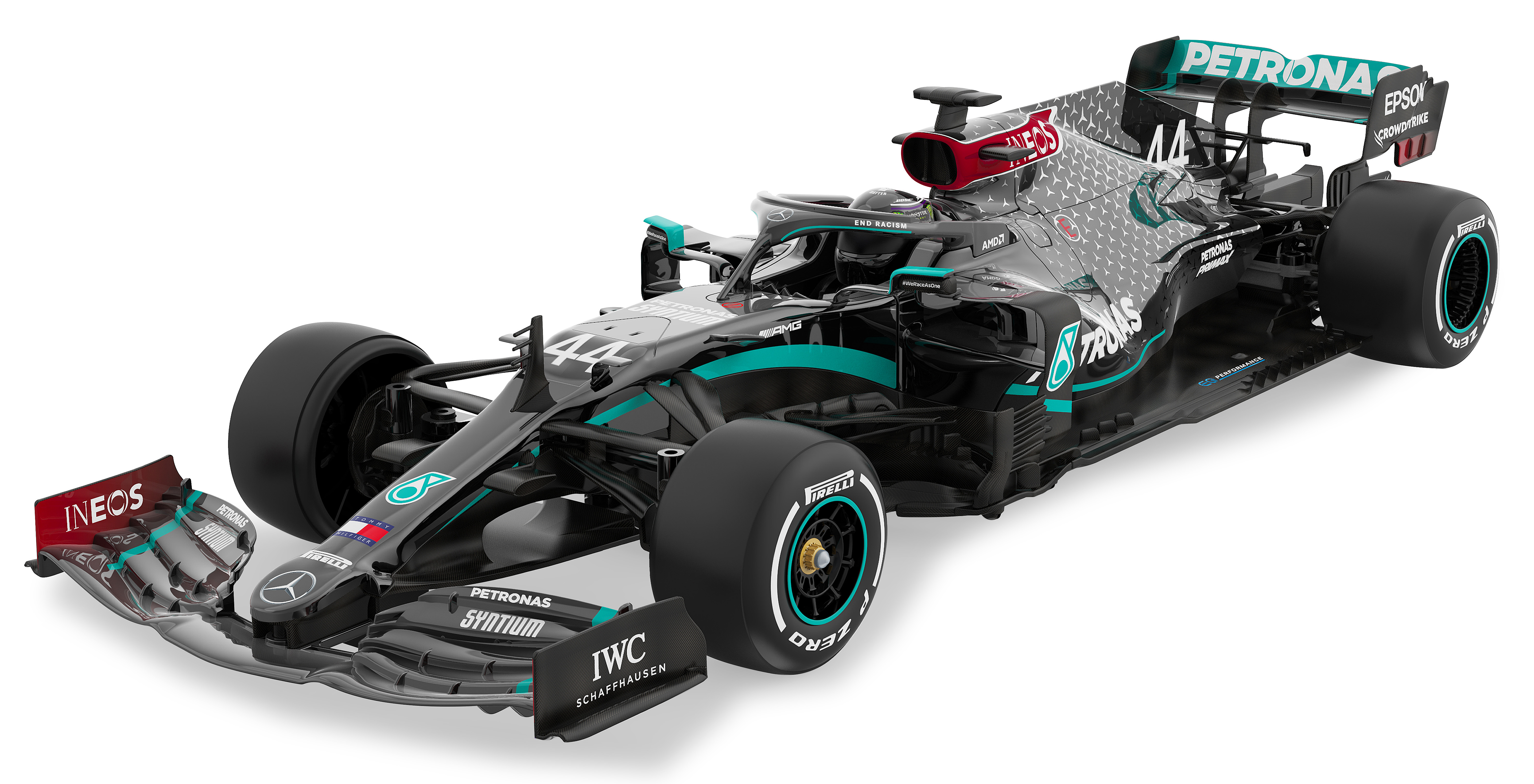Schwarzer und tealfarbener Formel-1-Wagen. Nummer 44 an der Seite. Petronas und andere Logos.
