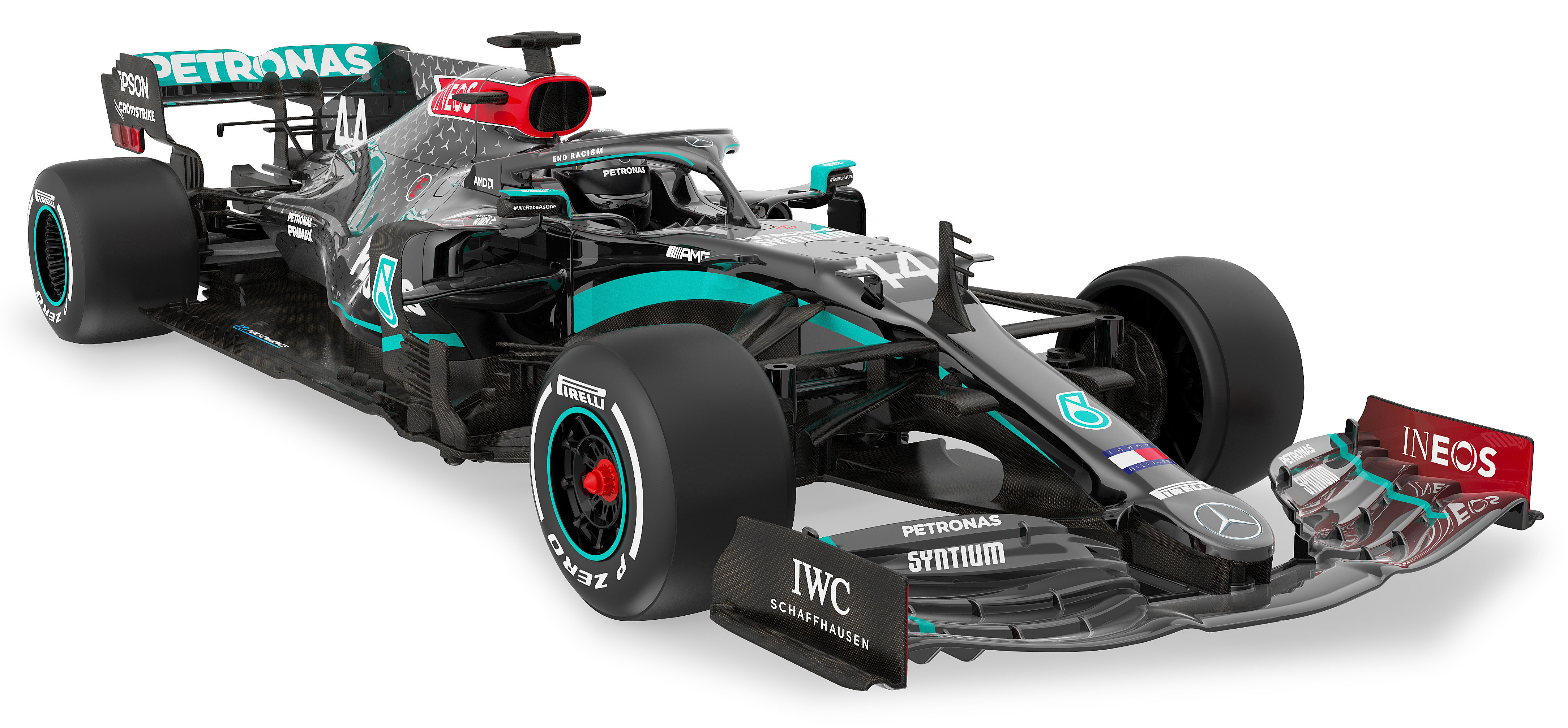 Schwarzer und tealfarbener Formel-1-Wagen. Nummer 44 an der Seite. Petronas, weißer Hintergrund.