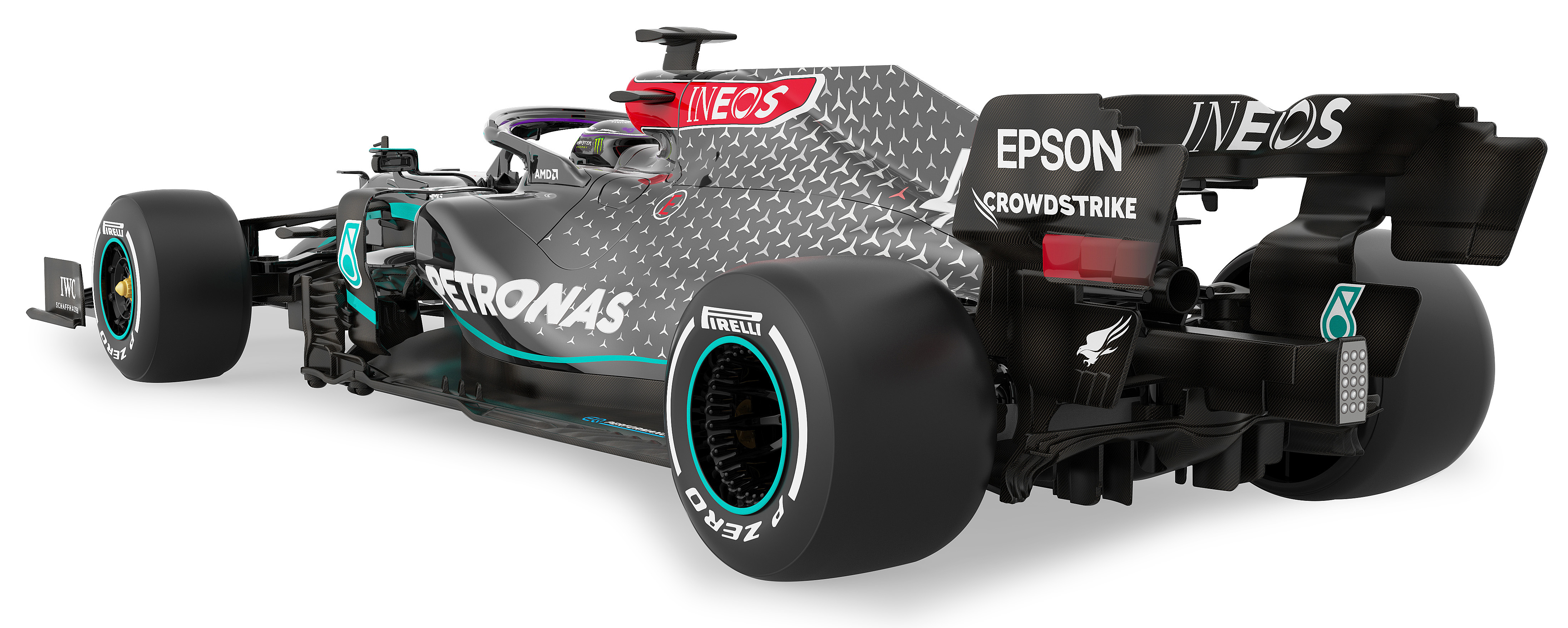 Ein grauer Petronas F1 Rennwagen mit Sponsorenlogos auf weißem Hintergrund.