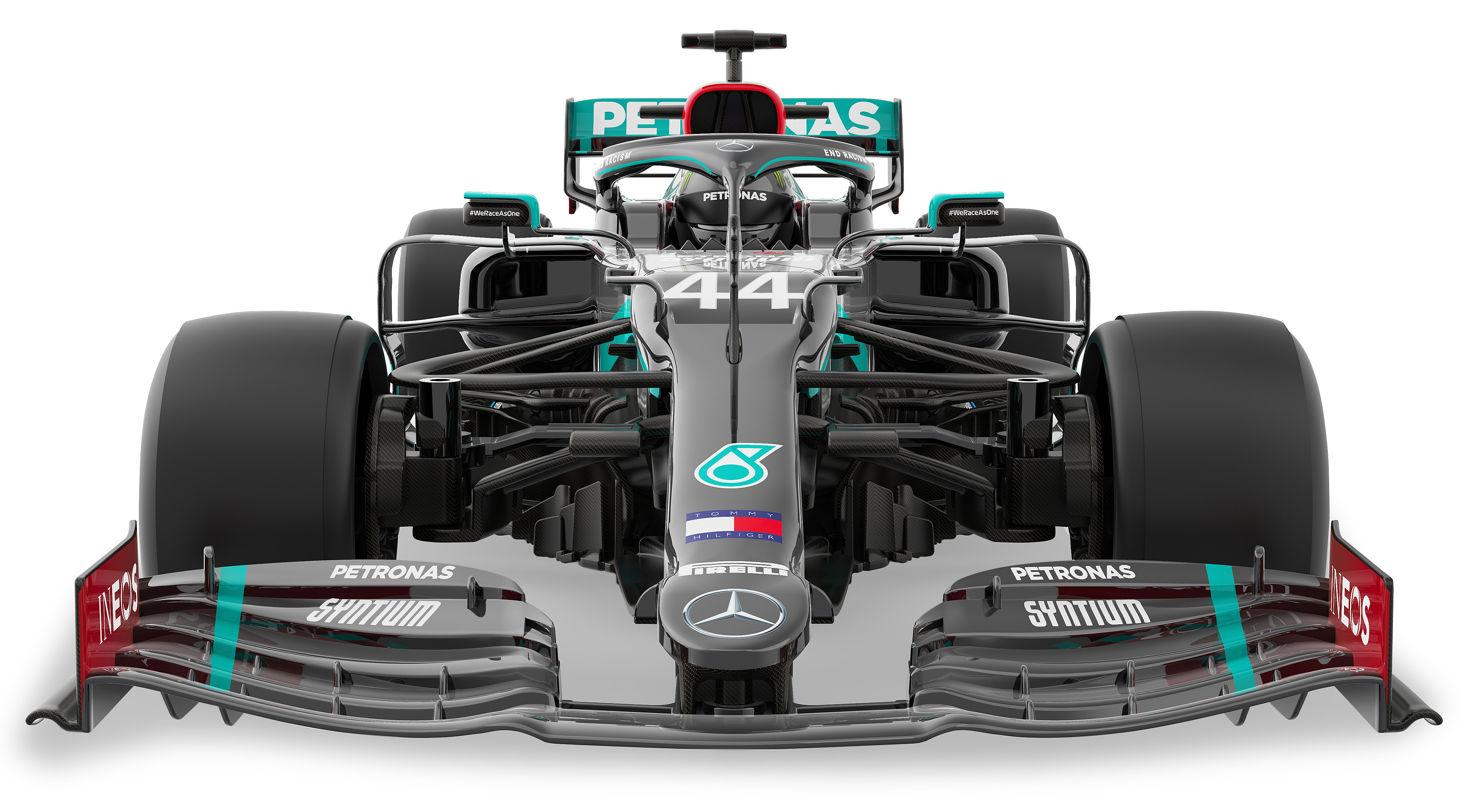 Formel-1-Wagen, Frontansicht. Schwarz und tealfarben. Nummer 44 sichtbar. Petronas-Logo.