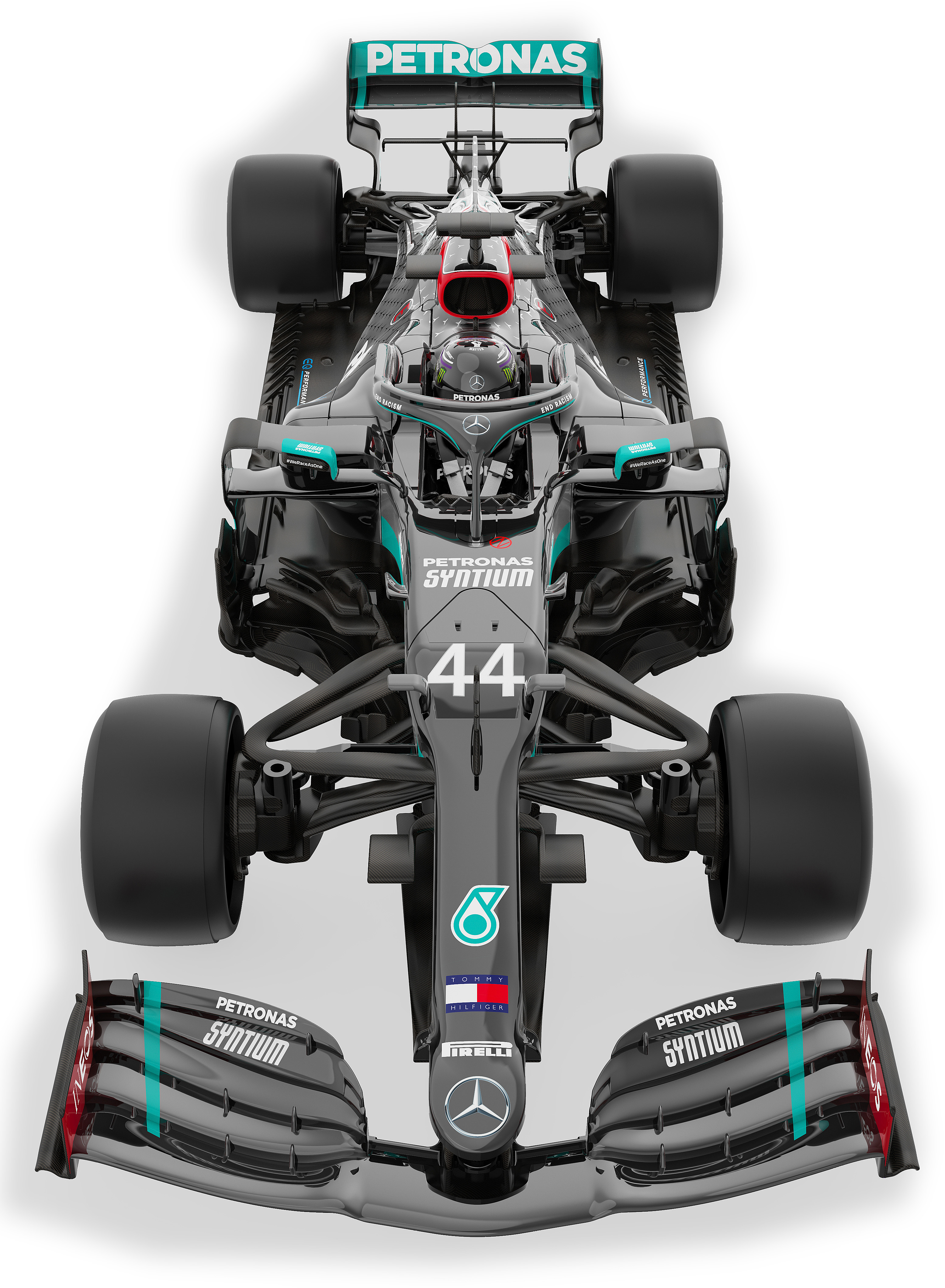Formel-1-Wagen, Draufsicht. Schwarz und teal. Nummer 44 sichtbar. Petronas-Logo auf dem Wagen.