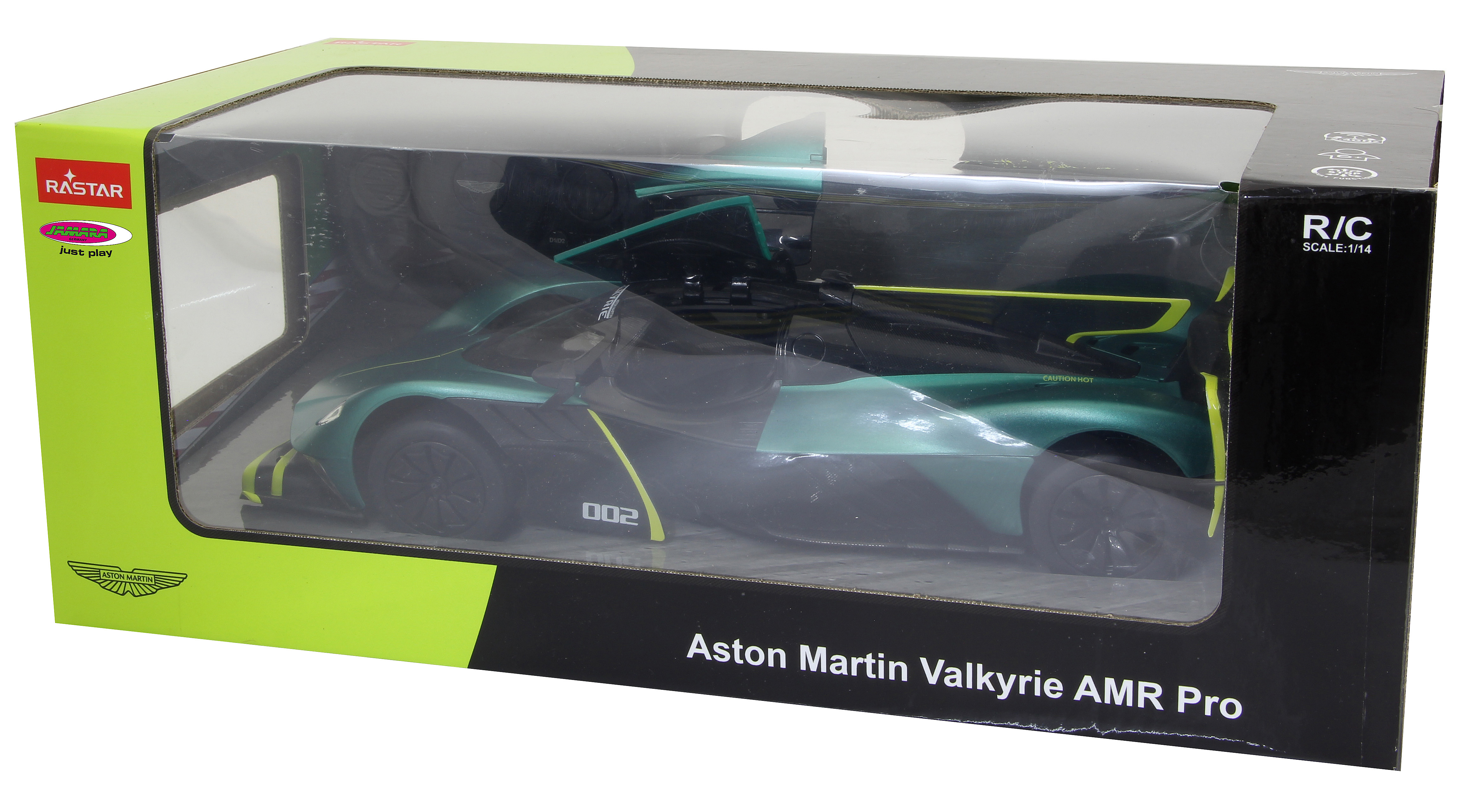 Sportwagen in einer Box. Grün-schwarzes Auto. Klare Box. Weißer Hintergrund. Rastar Box.