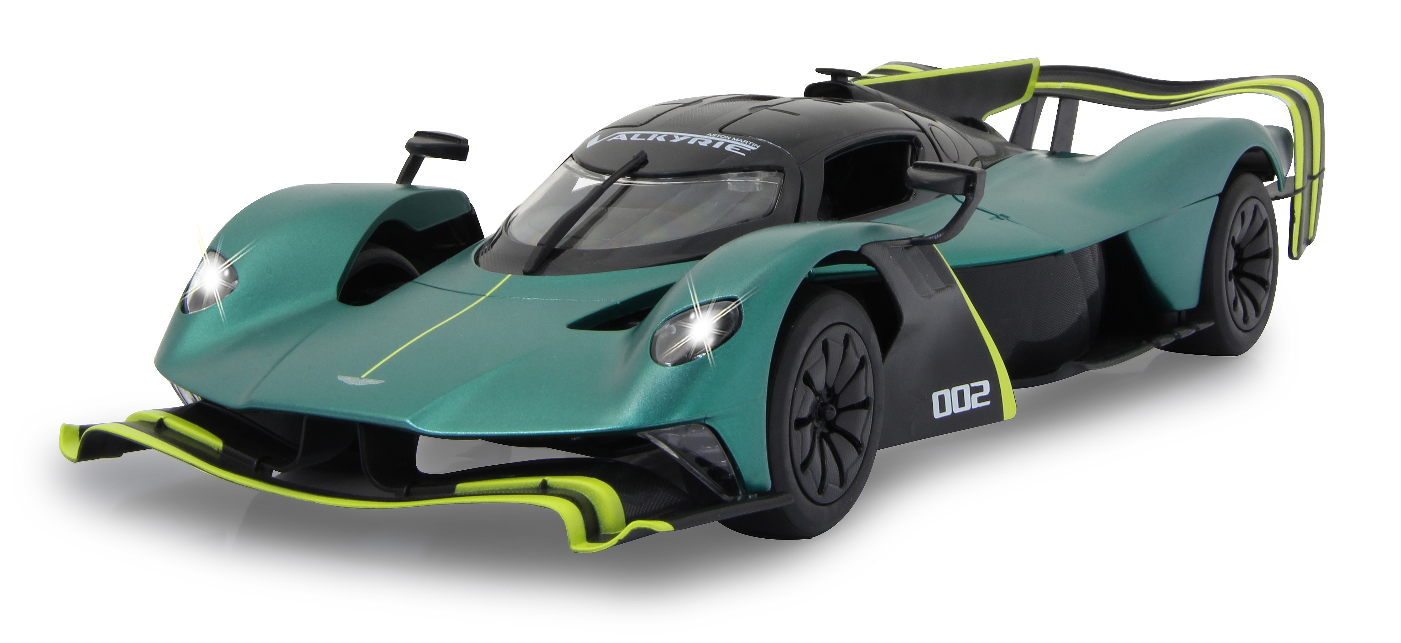 Grünes und schwarzes Sportauto, Seitenansicht. Scheinwerfer an. Weißer Hintergrund. Schwarzes Dach.