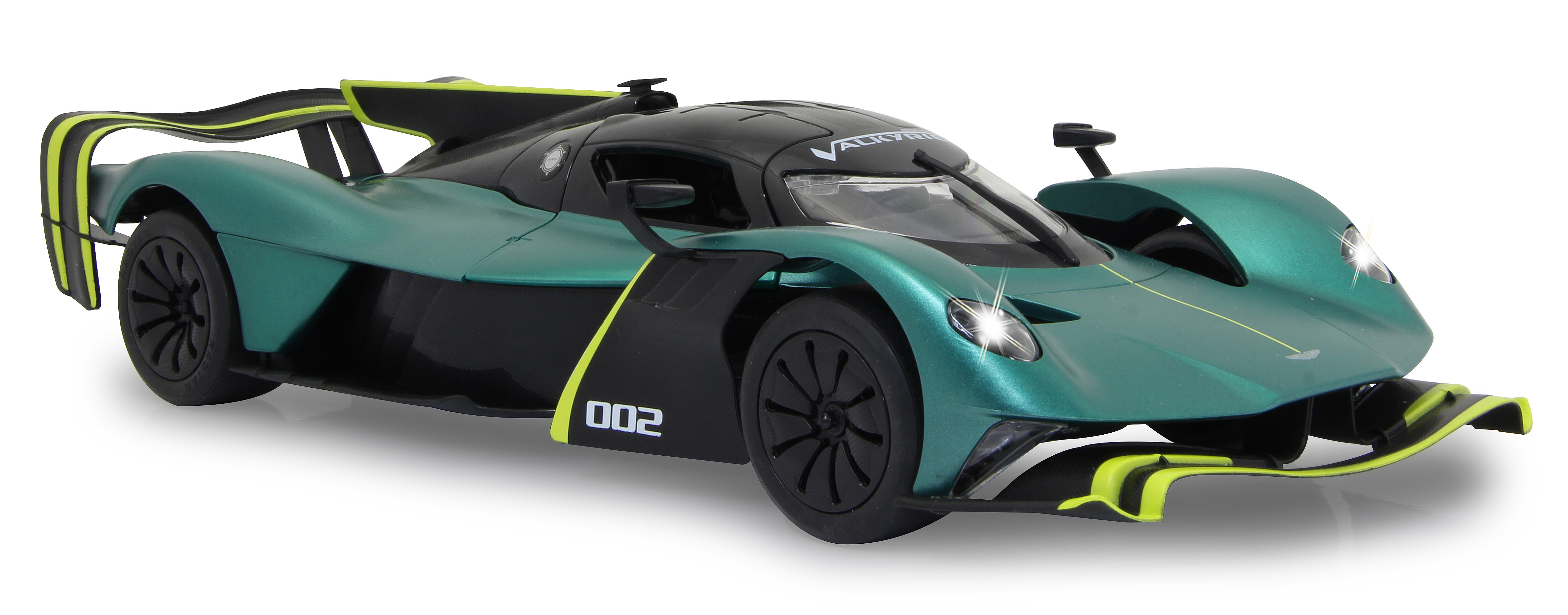 Grünes und schwarzes Sportauto, Seitenansicht. Scheinwerfer an. Weißer Hintergrund. Schwarzes Dach.