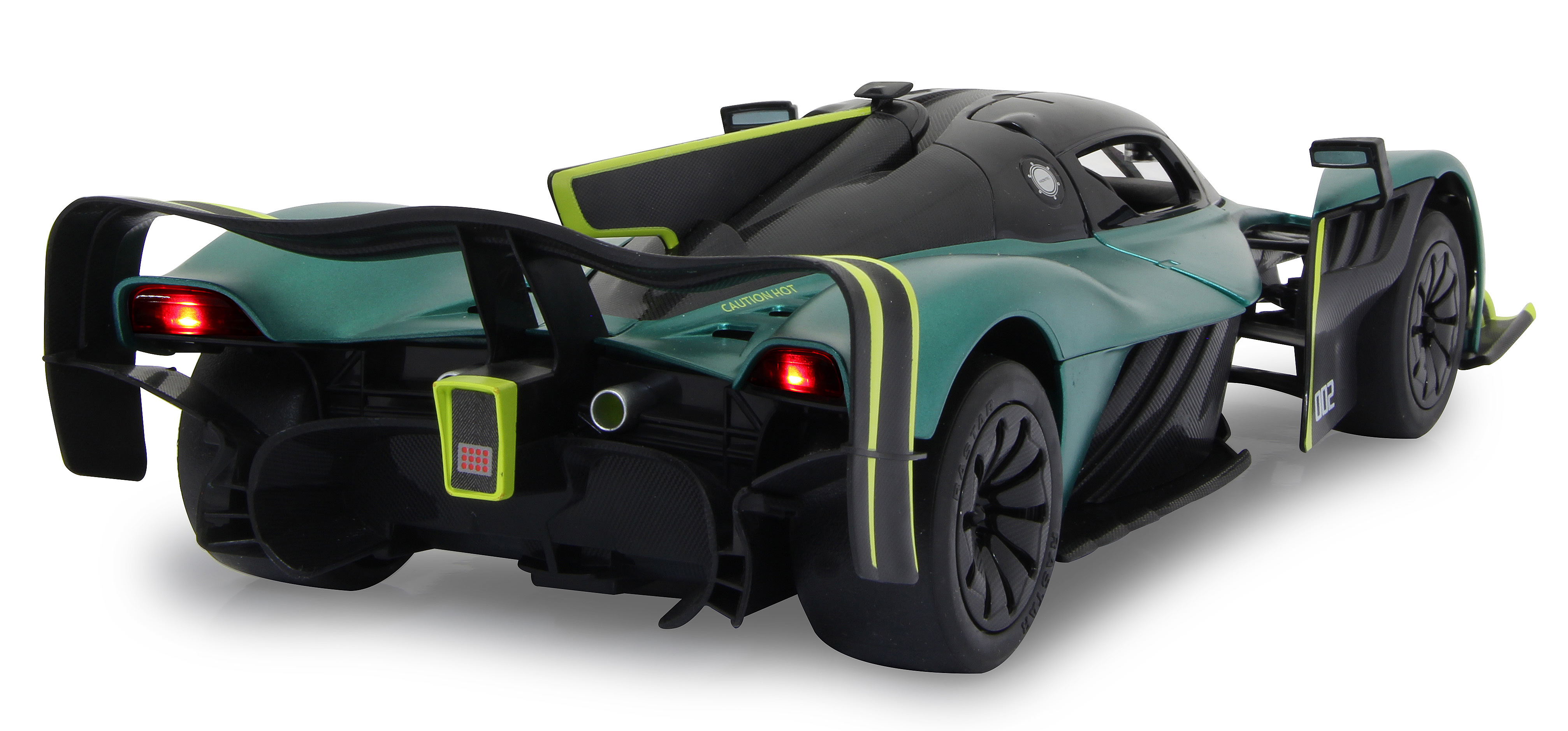 Rückansicht eines grünen und schwarzen Aston Martin Valkyrie Spielzeugautos mit Lichtern.