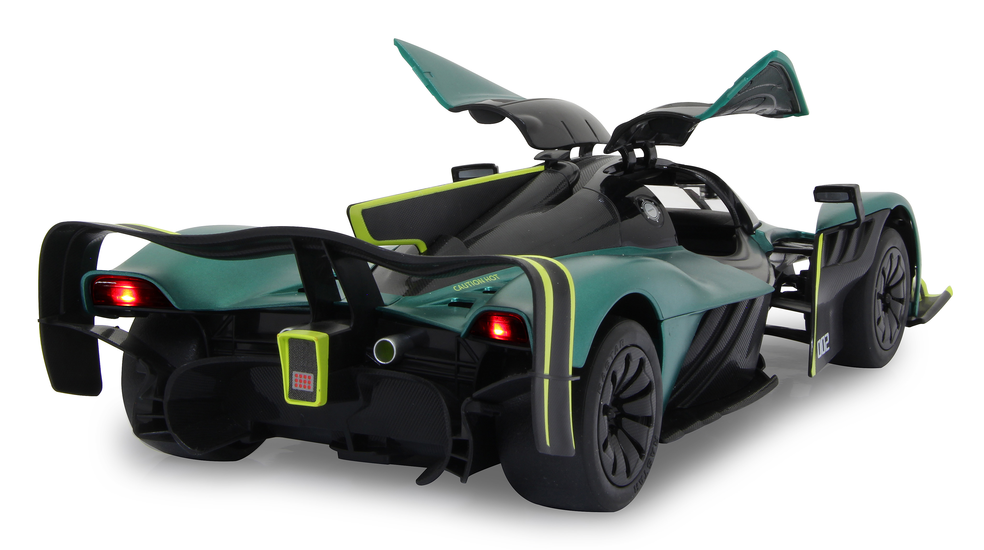 Grünes und schwarzes Sportauto, Rückansicht. Türen offen. Weißer Hintergrund. Rücklichter an.