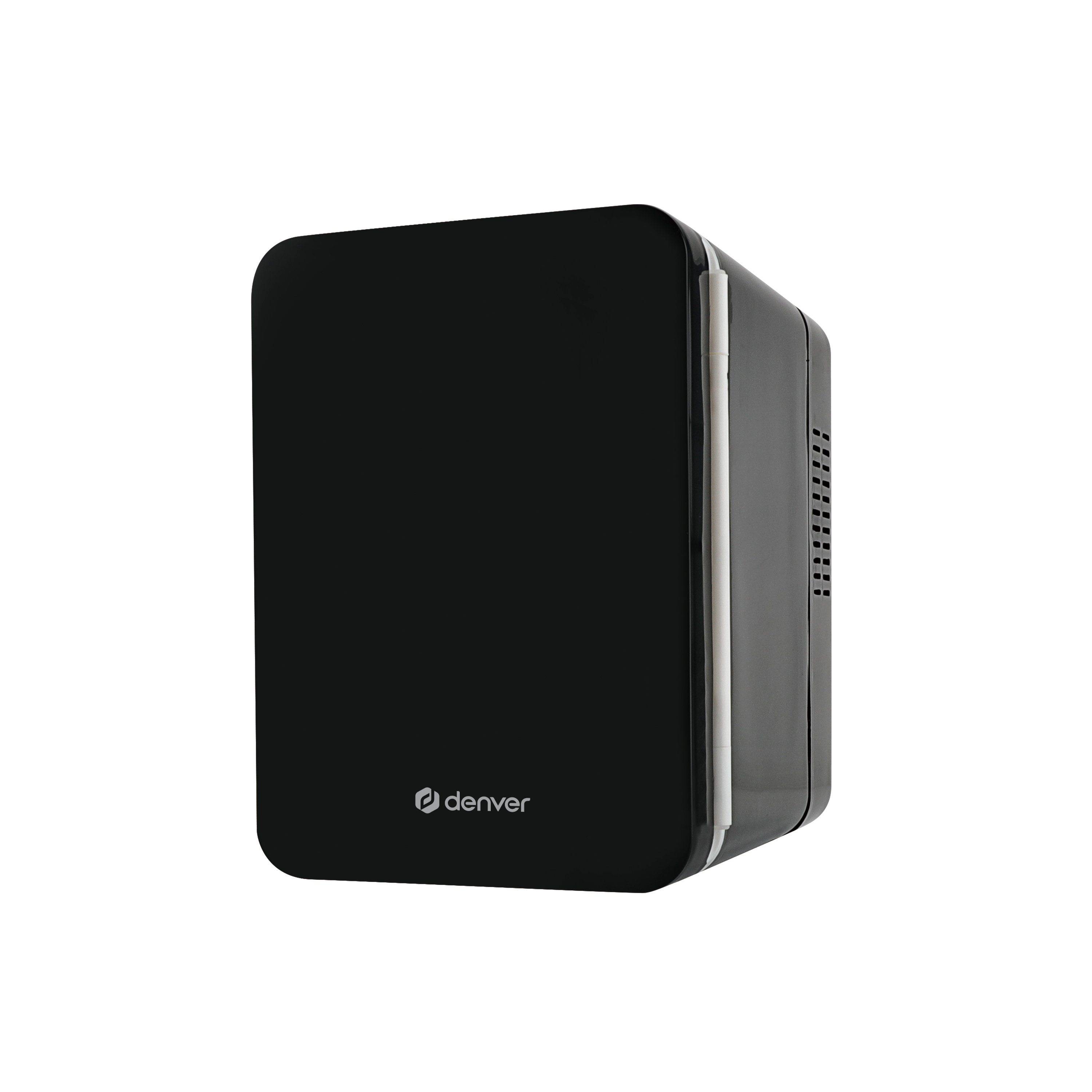 Czarna mini lodówka z zaokrąglonymi rogami, białym paskiem i logo Denver.