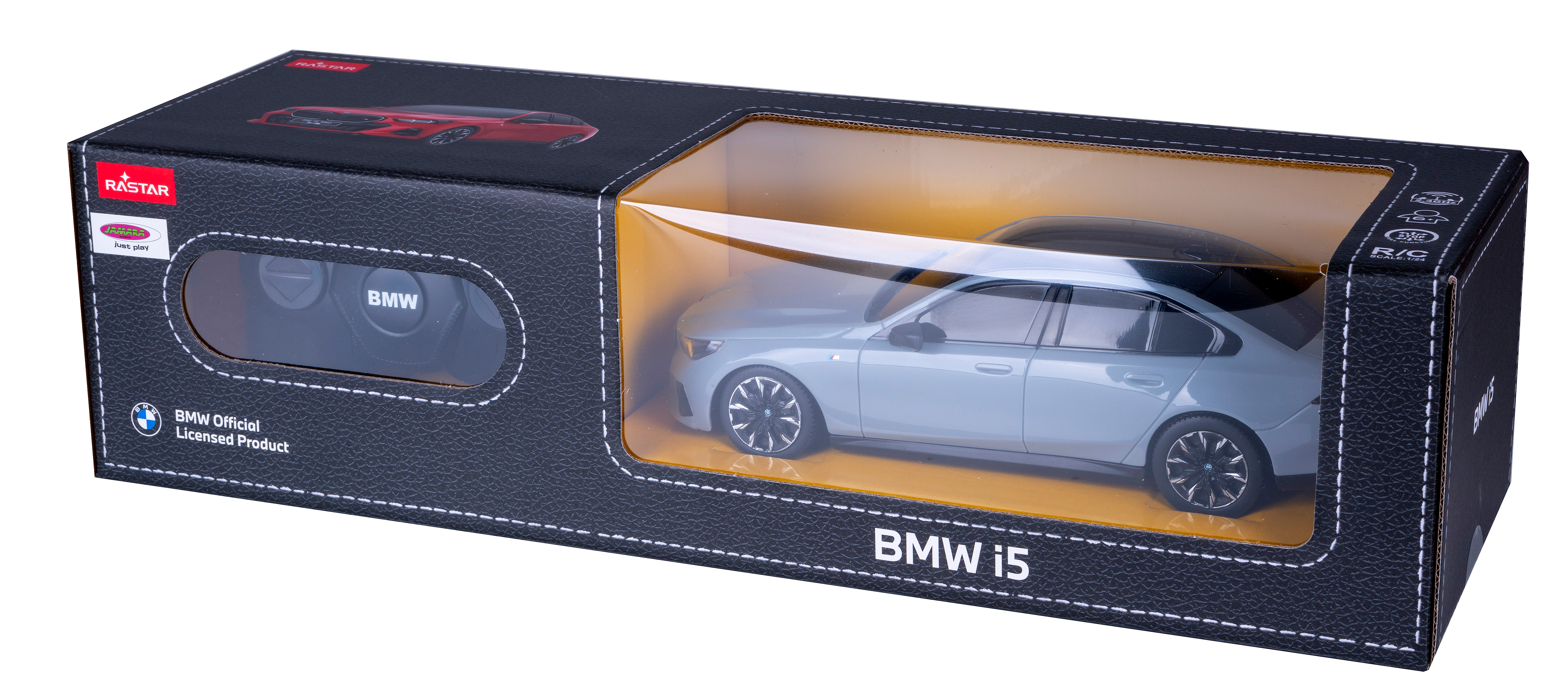 Ein BMW i5 Spielzeugauto in seiner Verpackung, gekennzeichnet als BMW Official Licensed Product.