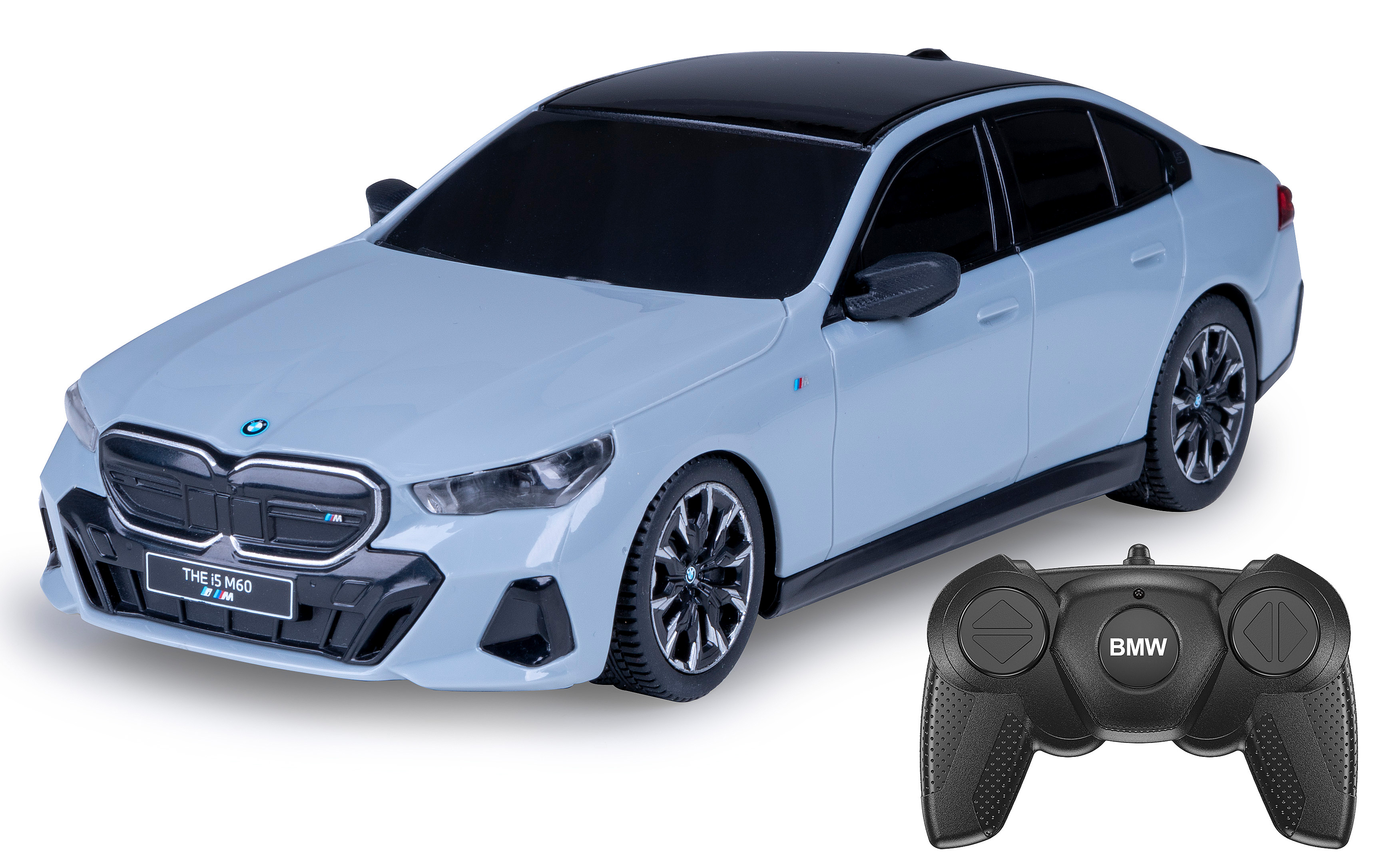 Hellblaues BMW i5 M60 Spielzeugauto mit schwarzem Dach und Fernbedienung.
