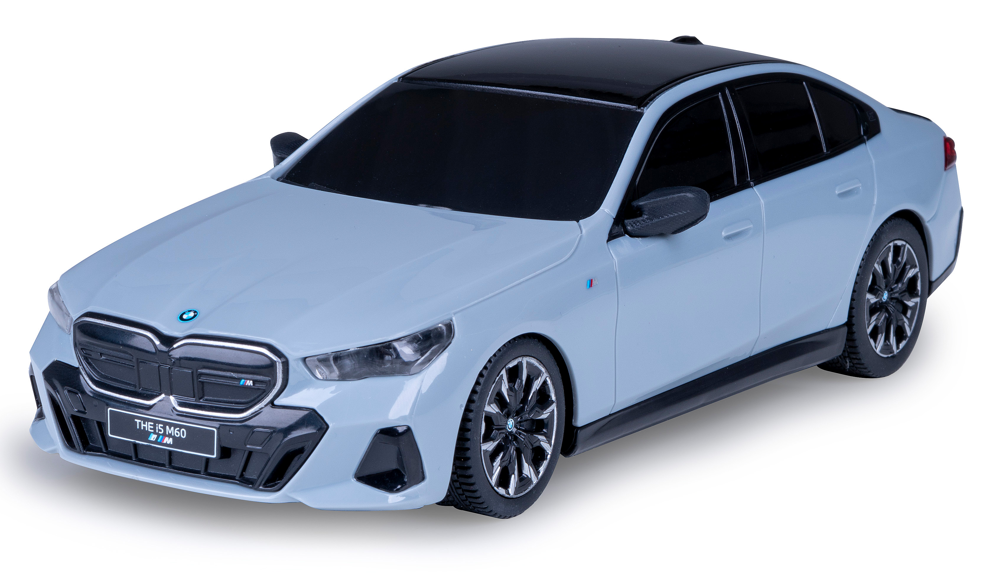 Hellblaues BMW i5 M60 Spielzeugauto mit schwarzem Dach, schwarzen Rädern und getönten Scheiben.