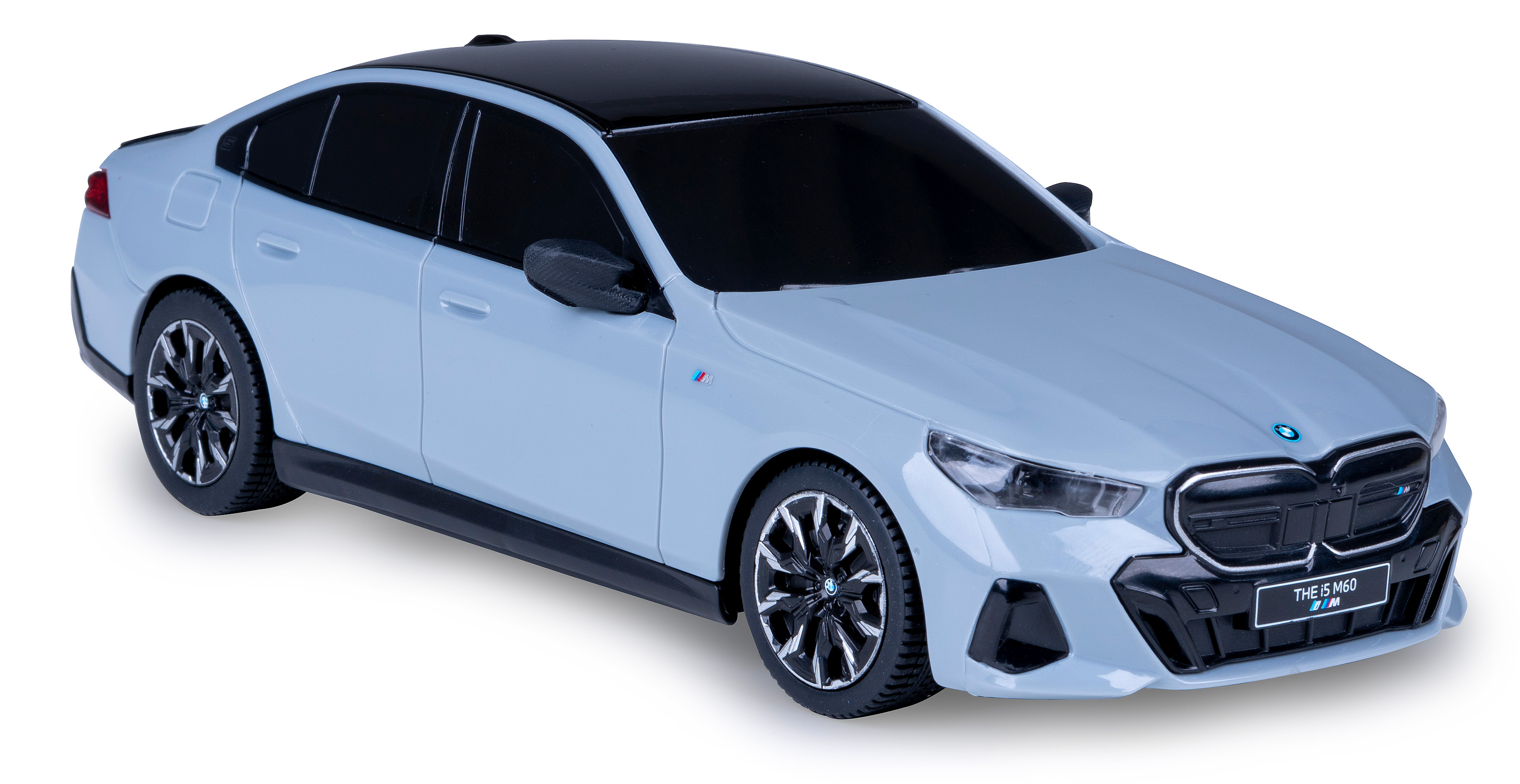 Ein hellblaues BMW i5 M60 Spielzeugauto aus leicht erhöhter Perspektive.