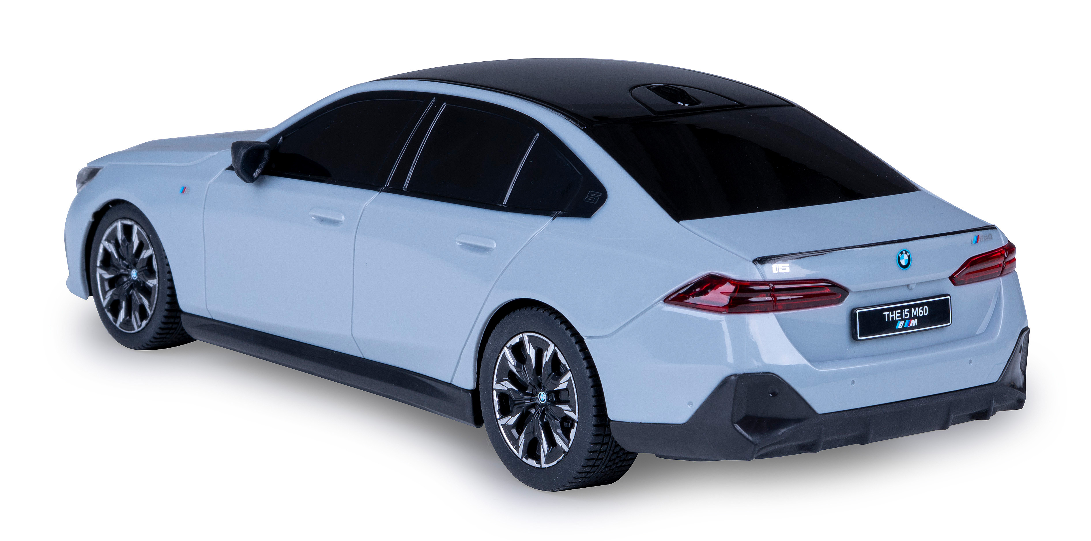 Hellblaues Spielzeugauto, Rückansicht. Das Auto hat ein schwarzes Dach und ein BMW-Logo auf weißem Hintergrund.