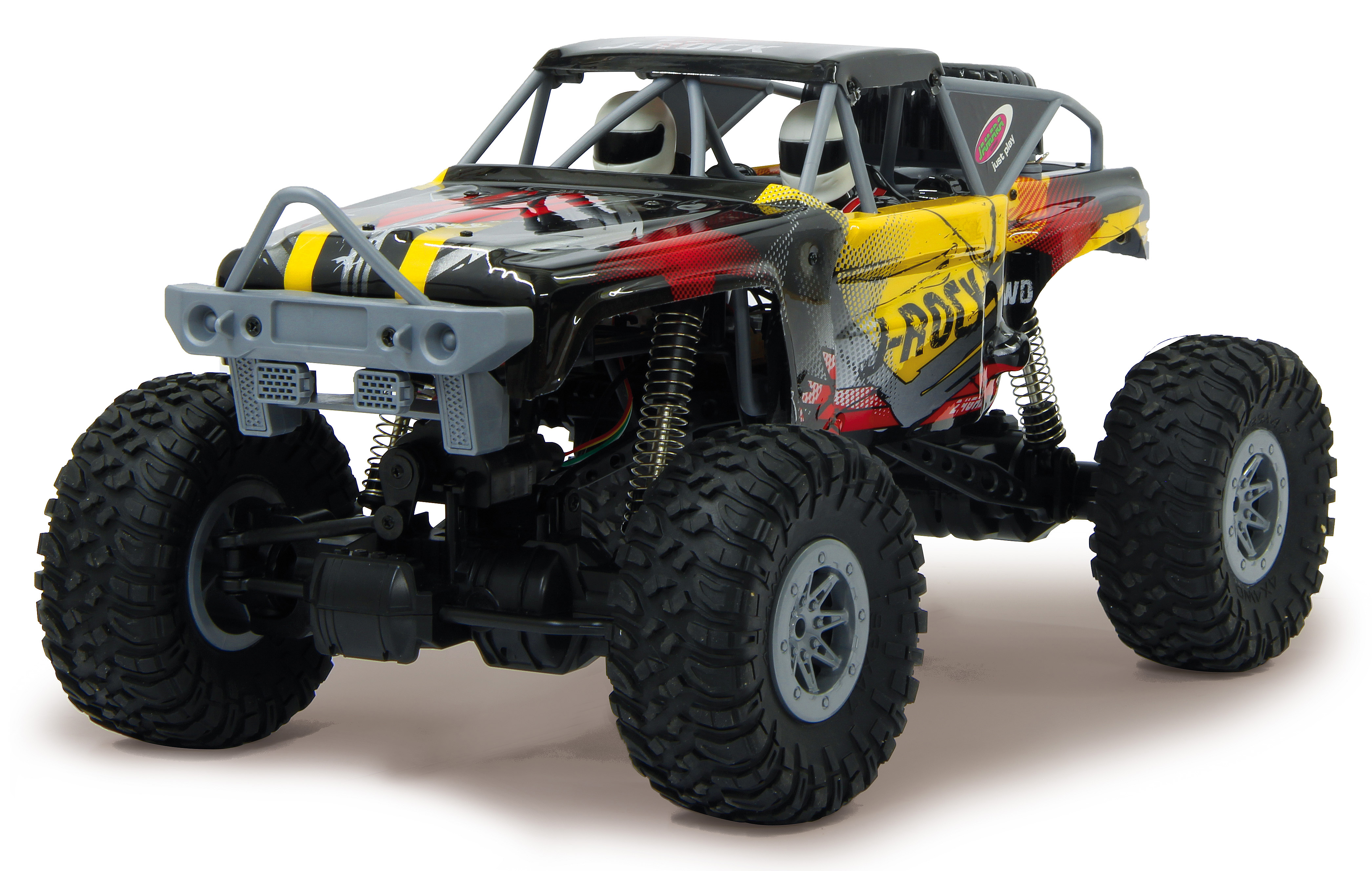 Ein rot-gelb-schwarz-graues ferngesteuertes Offroad-Fahrzeug mit zwei Figuren.