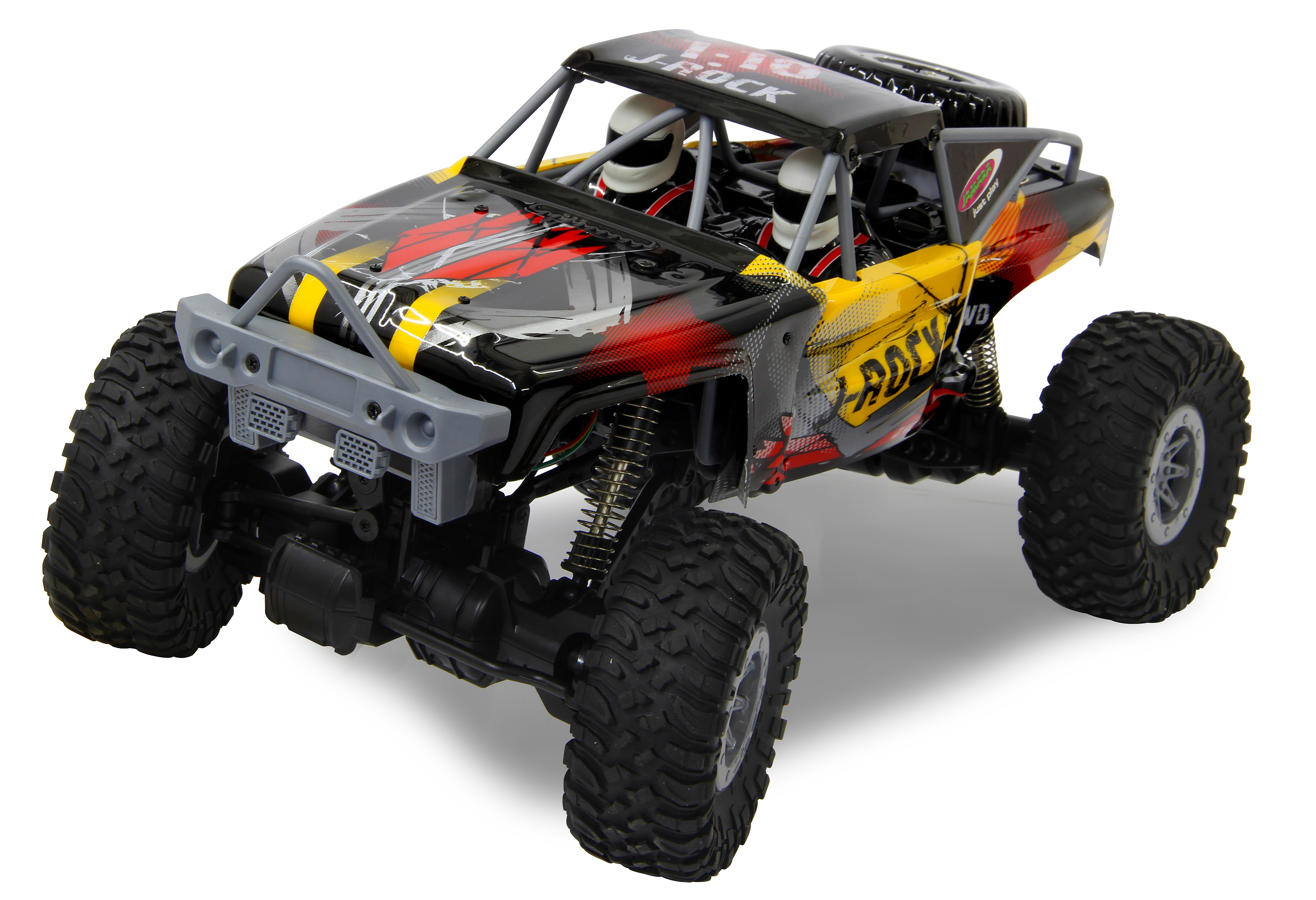 Ein schwarz-gelbes RC-Auto mit zwei Figuren darin. Das Auto hat ein 'J-ROCK'-Logo an der Seite.