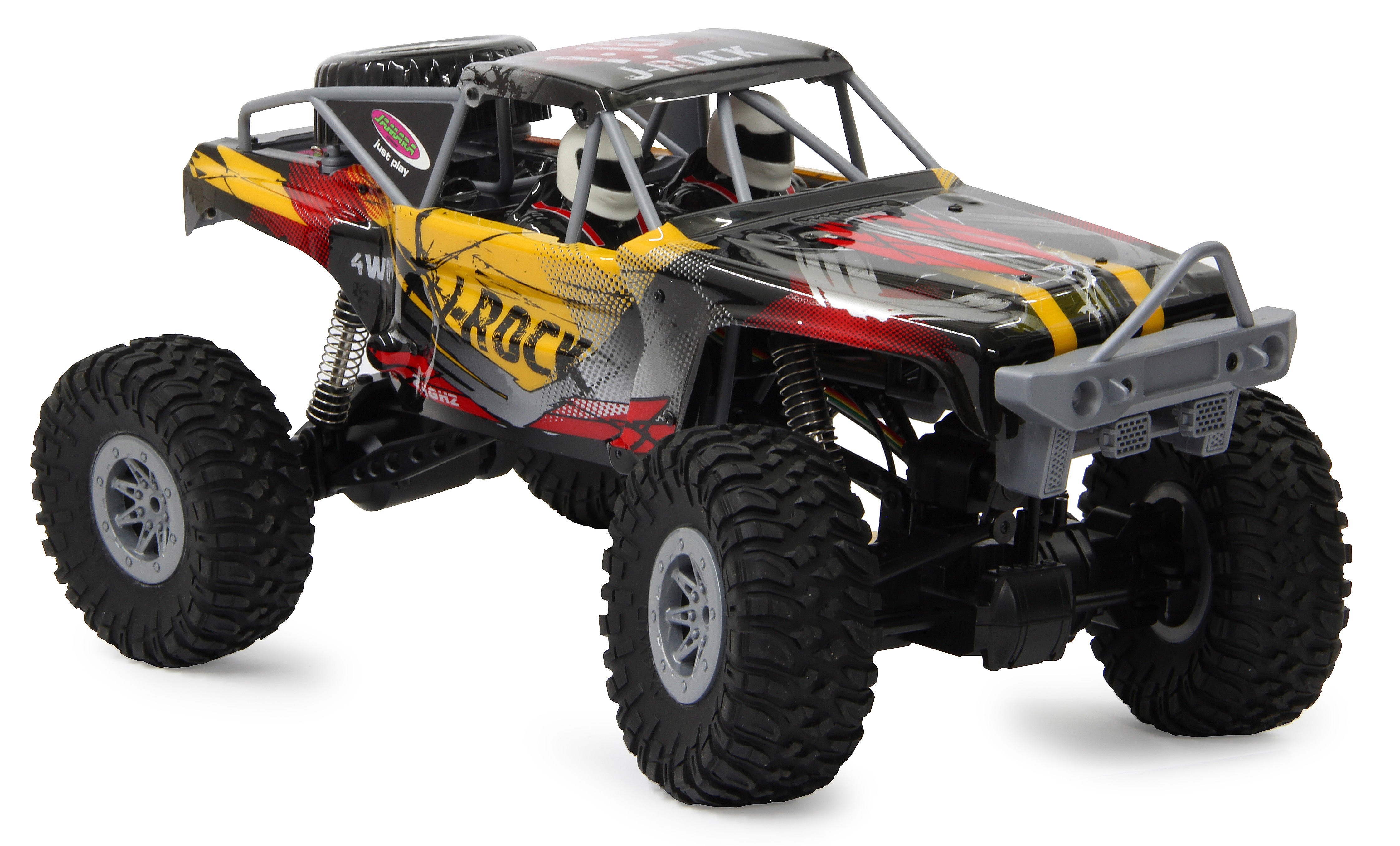 Ein gelb-rot-schwarz-graues ferngesteuertes Offroad-Fahrzeug mit zwei Figuren darin.