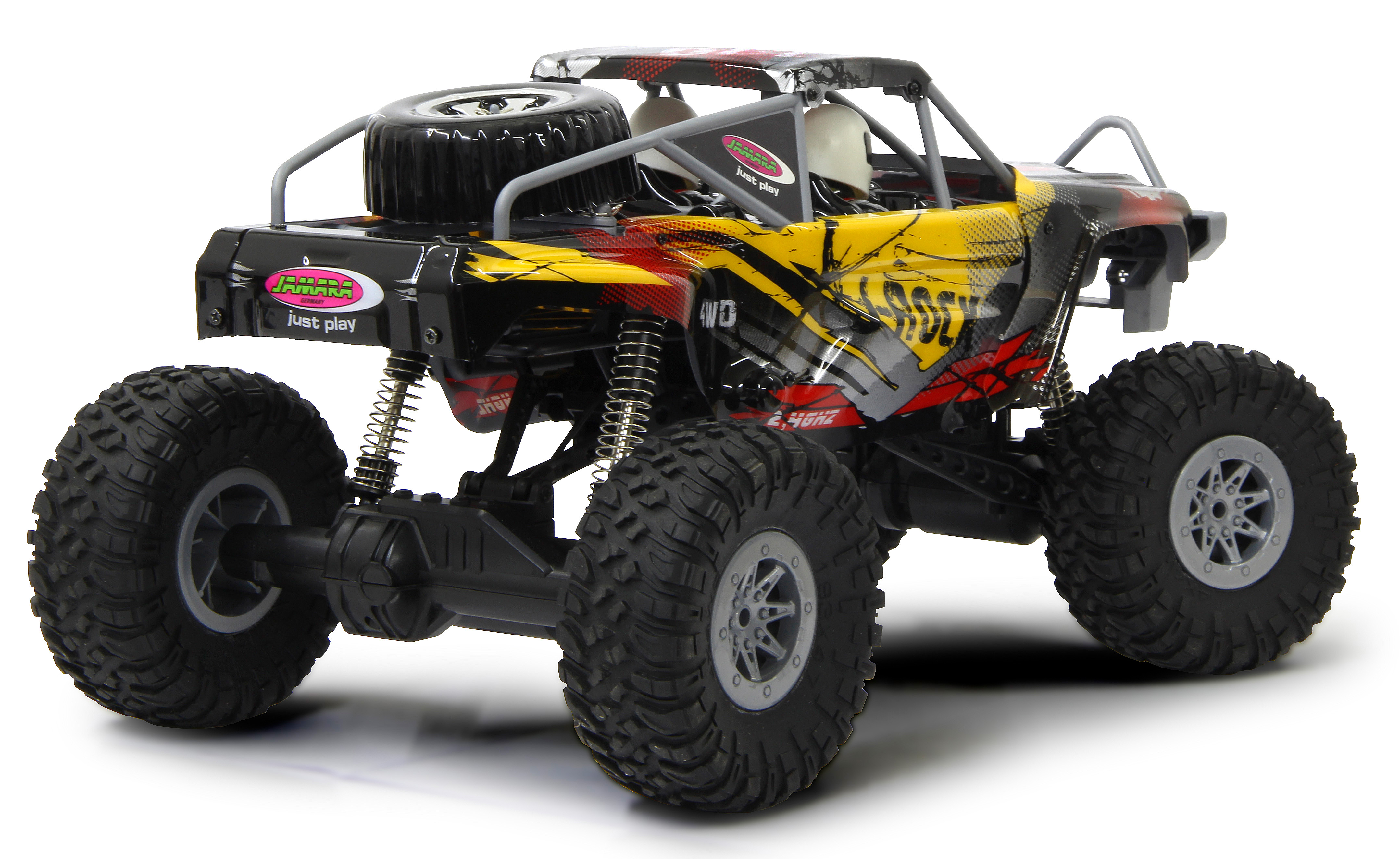 Ein ferngesteuertes Offroad-Fahrzeug mit Ersatzreifen und gelb-schwarzem Design.