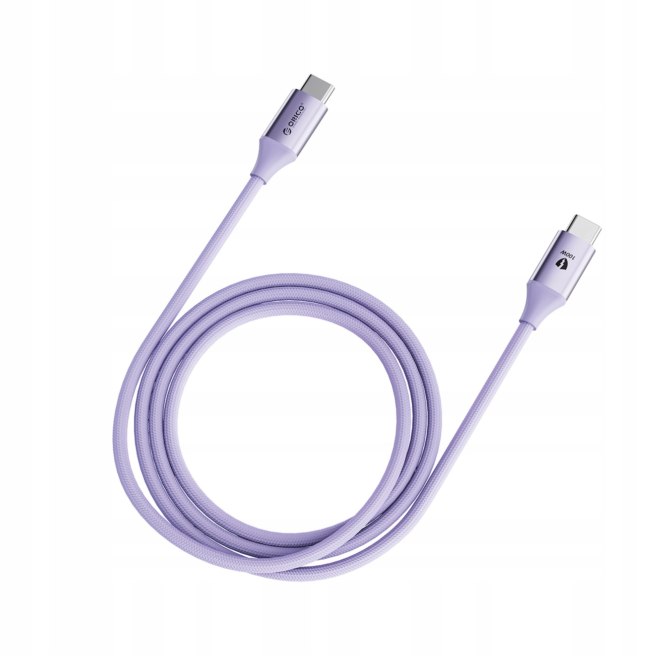 Lila geflochtenes USB-C-Kabel mit Orico- und Power-Etiketten.