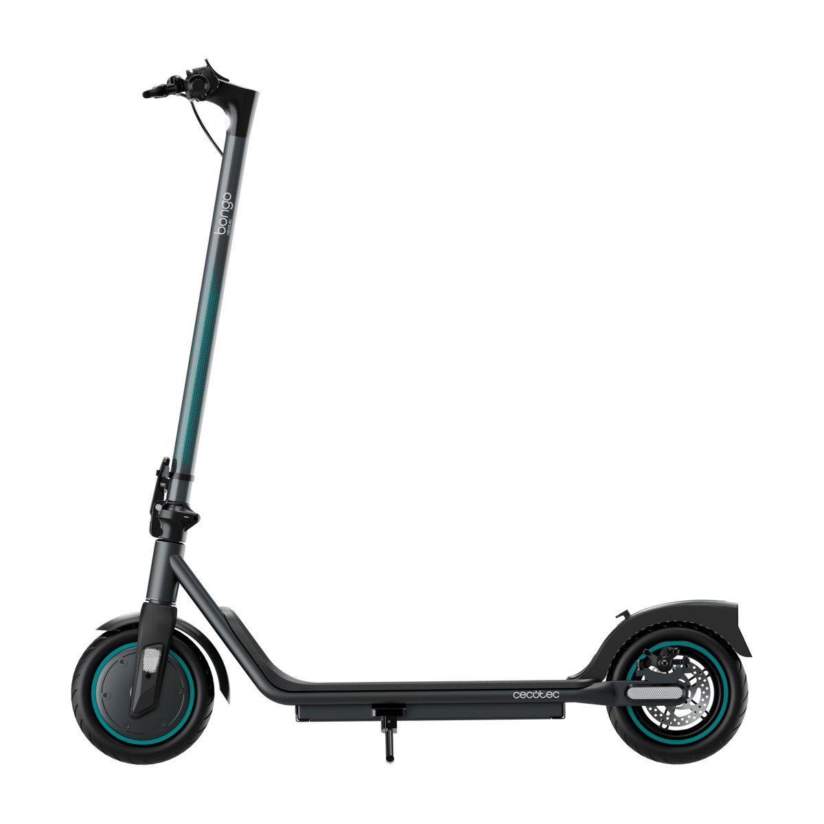 Vista laterale di uno scooter elettrico nero e turchese, con il logo Cecotec sul pianale, su sfondo neutro.