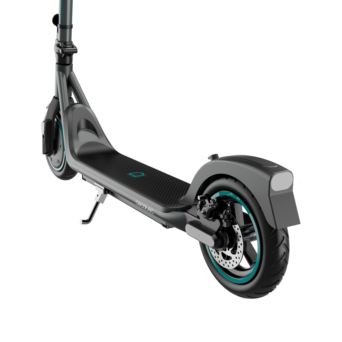 Scooter elettrico, primo piano della ruota posteriore. Mostra la ruota, il disco del freno e il parafango.