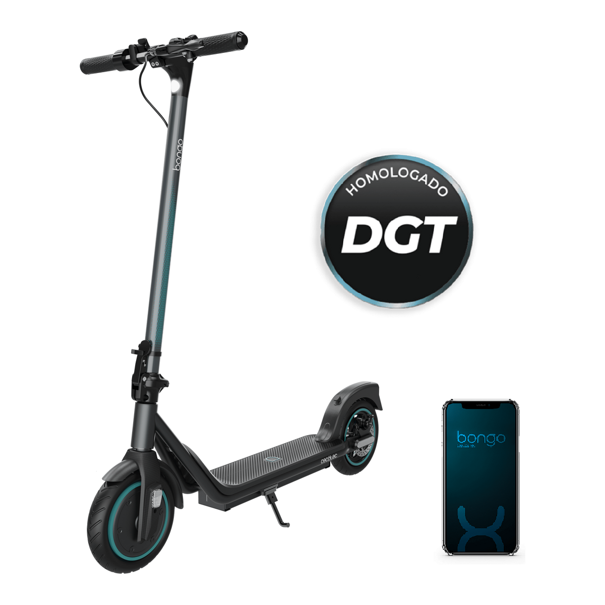 Scooter elettrico con dettagli turchese, logo di certificazione DGT e un telefono che mostra l'interfaccia dell'app.